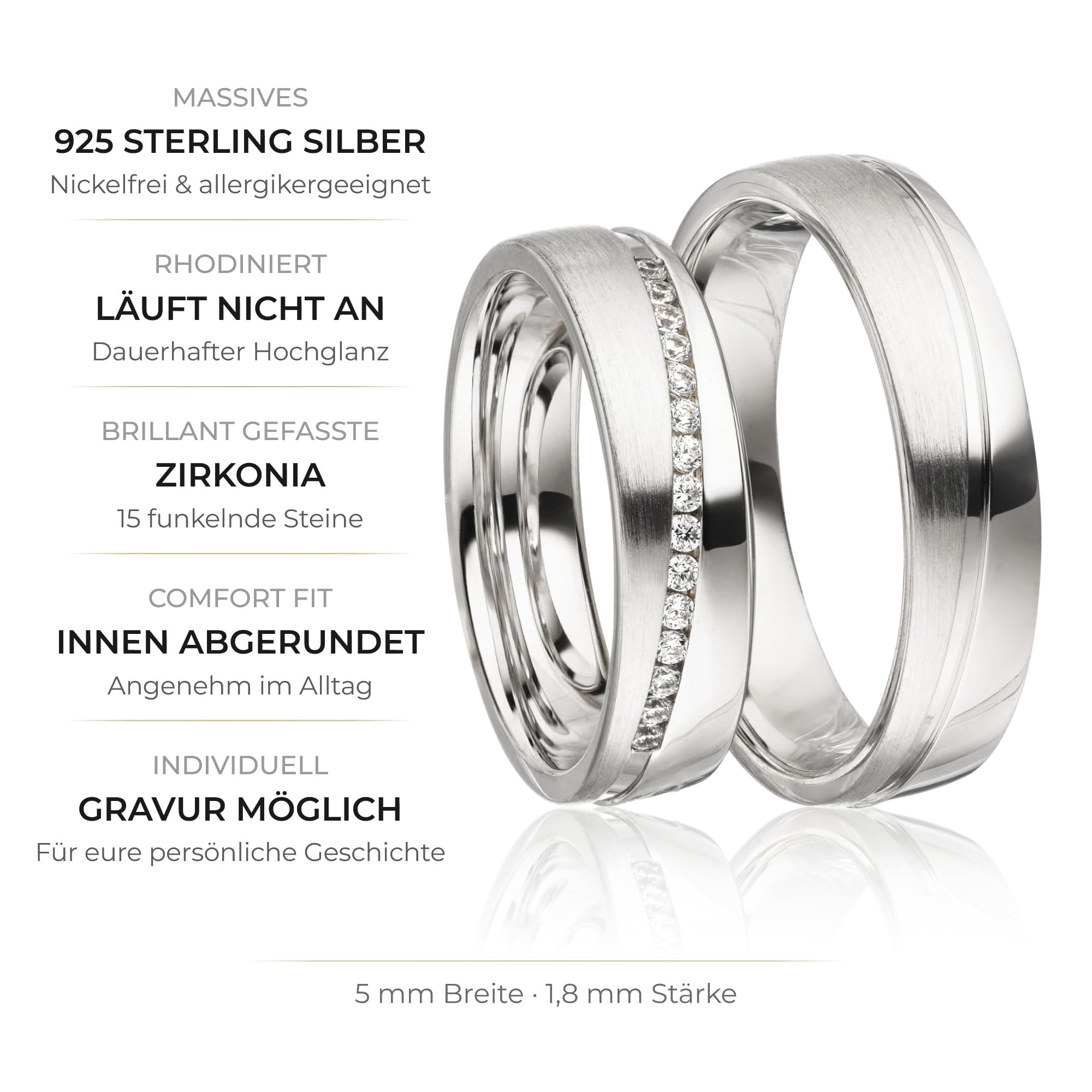 Kolibri Rings Eheringe Silber 925 rhodiniert mit 15 Zirkonia Steine in Kanalfassung Paarpreis | Made in Germany mitGratis Gravur und Etui, 5 mm Breite