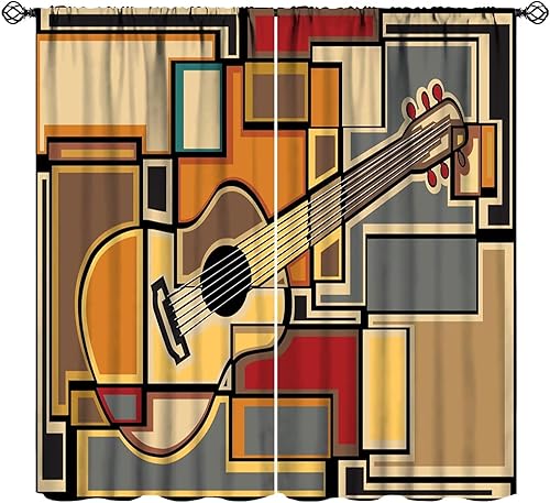 Miniatura 23 de Cortinas de música retro, notas musicales abstractas en blanco y negro, con bolsillo para barra, cortinas opacas para ventana para sala de estar,