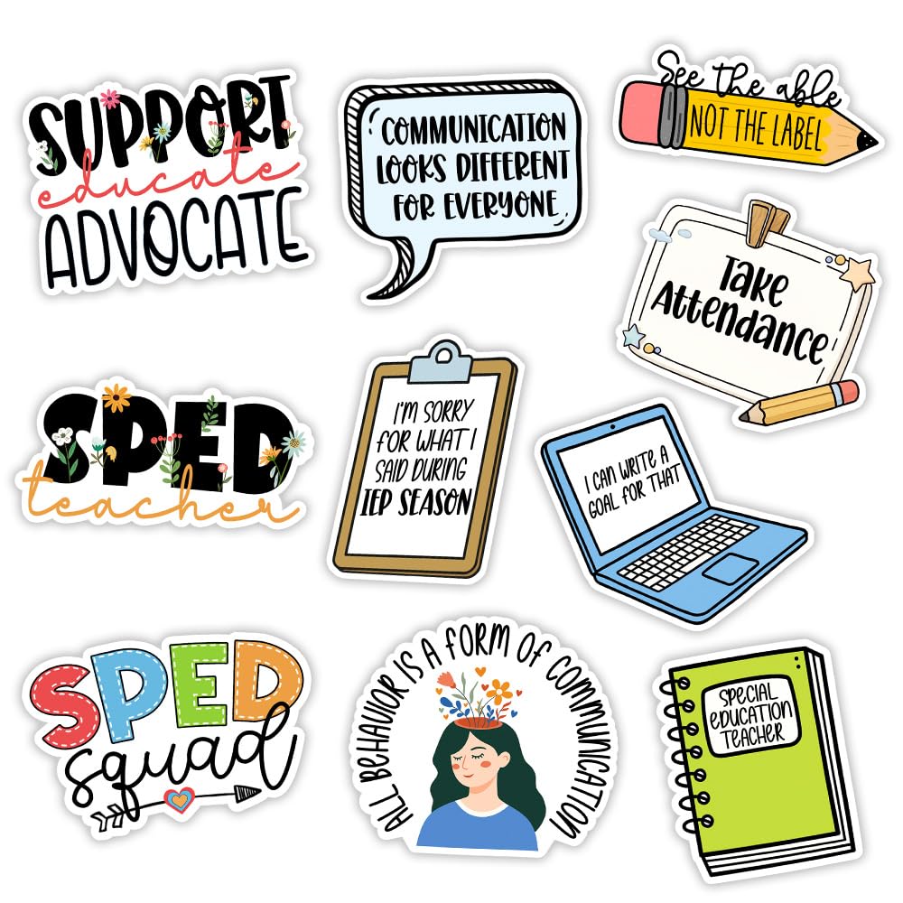 MAIANEY | SPED Teacher Sticker Pack – 10PCS, 3x3 inch - Special Education Teacher Stickers, Waterproof Vinyl Inspirational Stickers for IEP, Classroom, Laptop, SPED Squad Gift for Teachers