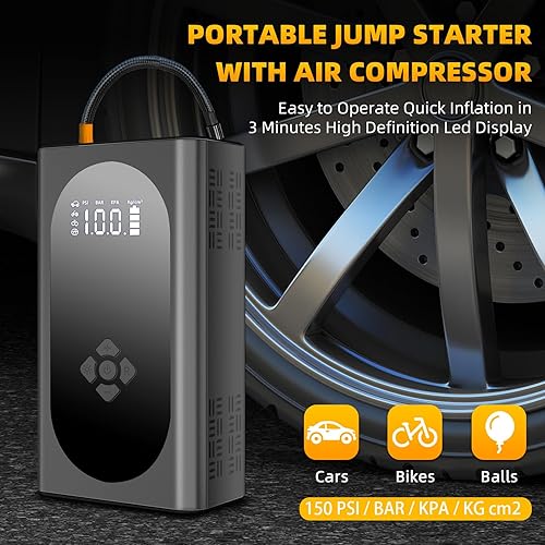 Miniatura 3 de Q12 4000A 150PSI Arrancador con compresor de aire, paquete de batería de arranque (hasta 10.0L de gasolina8.0L diesel), con pantalla grande,