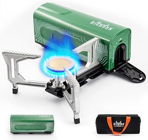 BIG HORN OUTDOORS Estufa de campamento de butano, quemador de gas plegable portátil con bolsa de transporte para camping, uso de emergencia y cocina