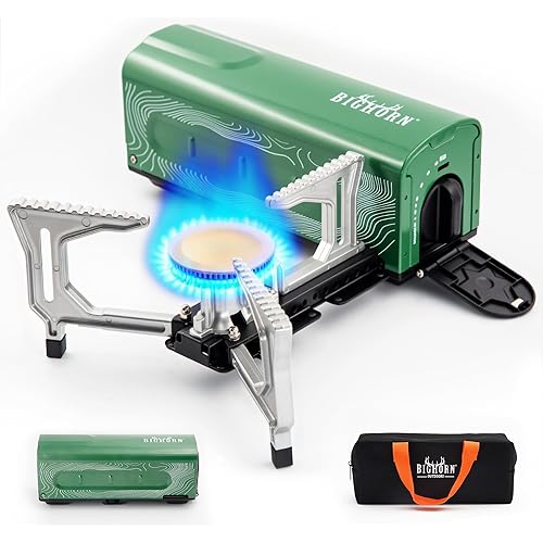 BIG HORN OUTDOORS Butane Camping Stove, Portable Folding Gas Burner with Carry Bag for Camping, Emergency Use and Outdoor Cooking