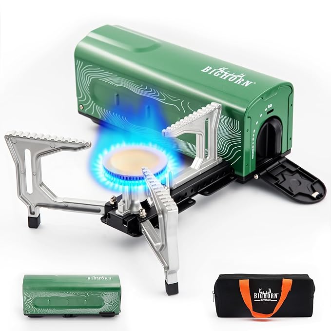 BIG HORN OUTDOORS Butane Camping Stove, Portable Folding Gas Burner with Carry Bag for Camping