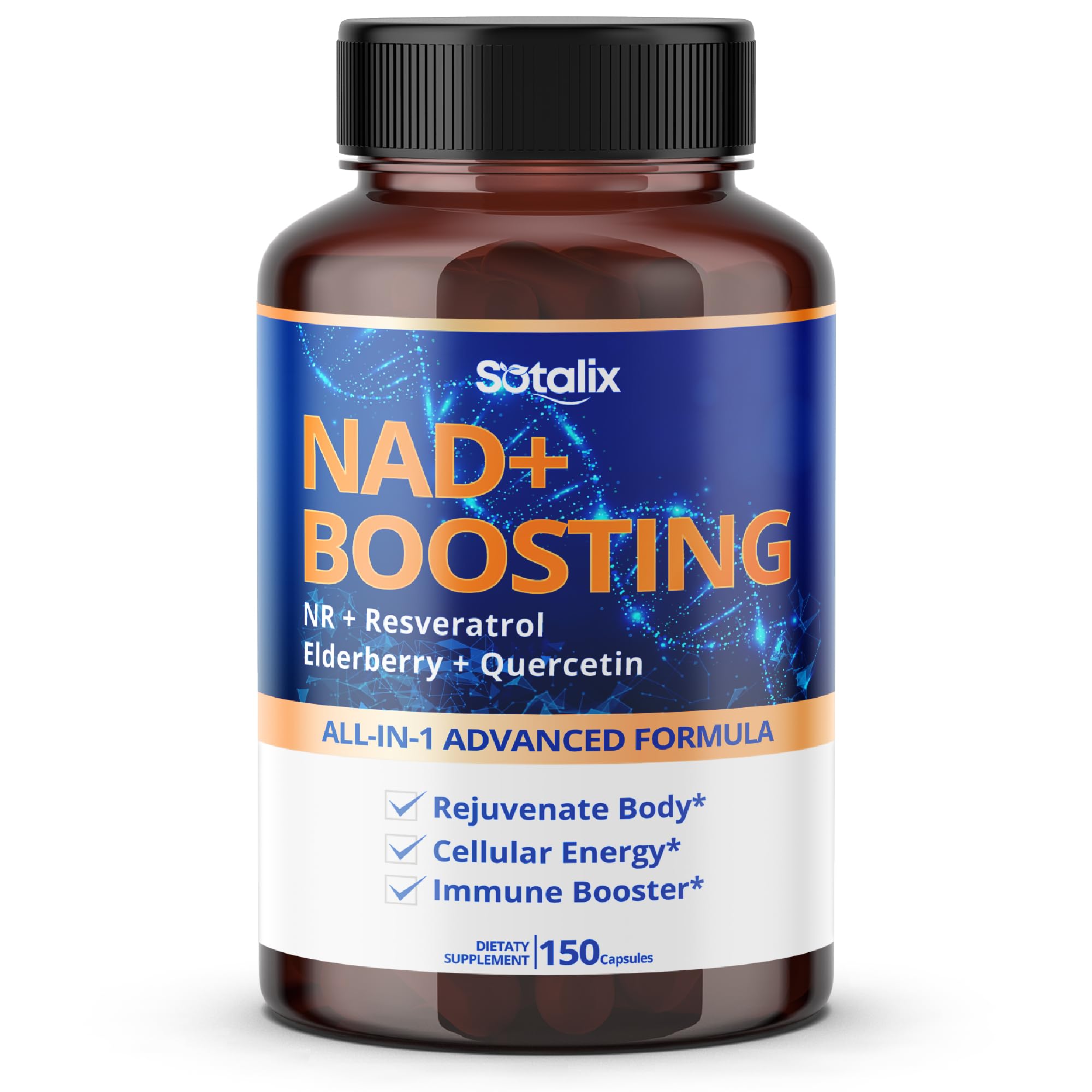 SOTALIX Supplement NAD+ Boosting All-in-1 Advanced Formula with NR, Resveratrol, Elderberry, Quercetin - Immune Booster, Overall Well-Being (150 Count (Pack of 1))