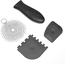 4 Peças de Limpador de Ferro Fundido Raspador de Ferro Fundido e Alça Conjunto de Cota de Malha de Aço Inoxidável Cirle Com Bônus Com Suporte de Alça Quente + Raspador de Panela