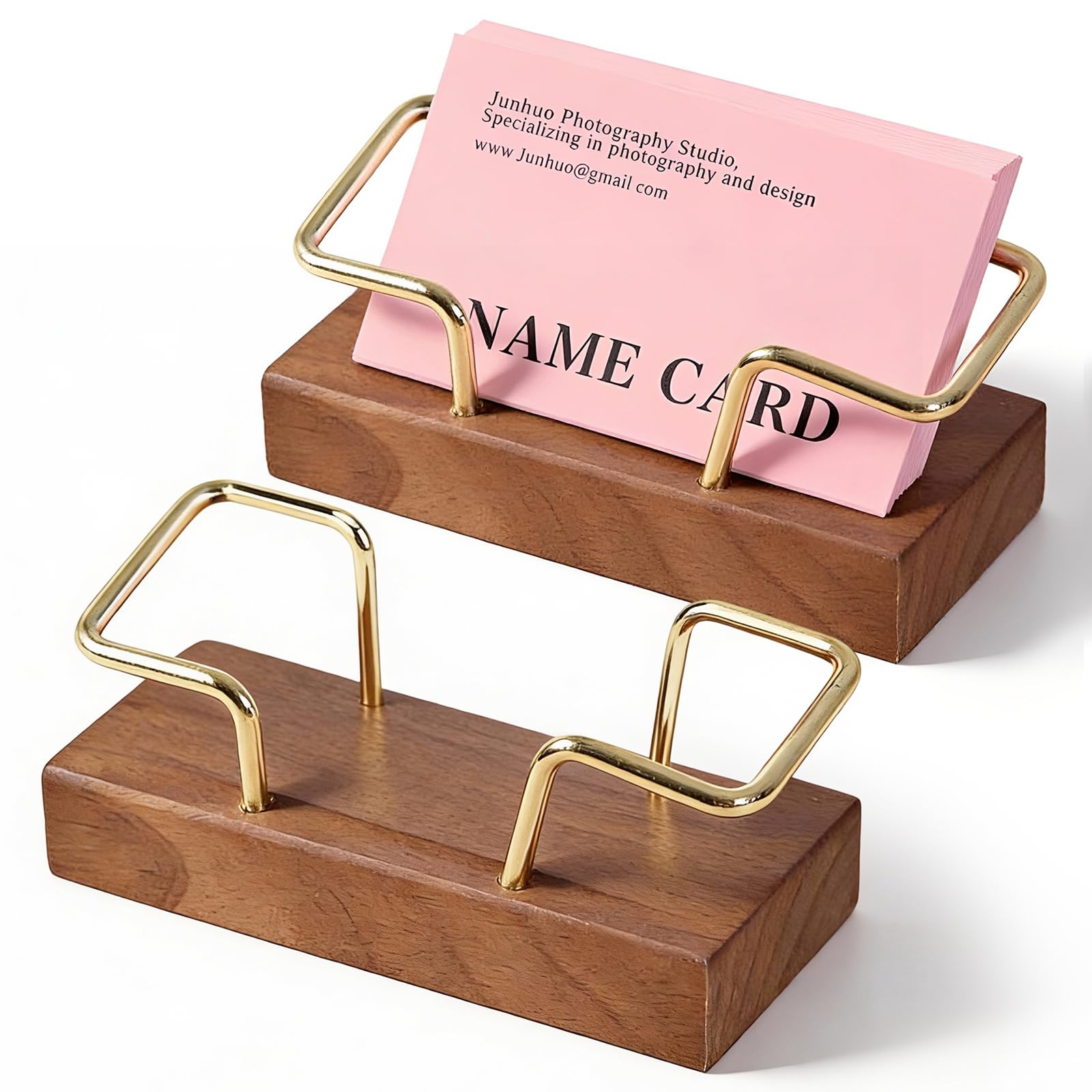 DBAILY Business Card Holder, 2 Pieces Business Card Stand, Walnut Wood and Brass, Business Card Holder Wood for Desk, Shop, Exhibition Stand