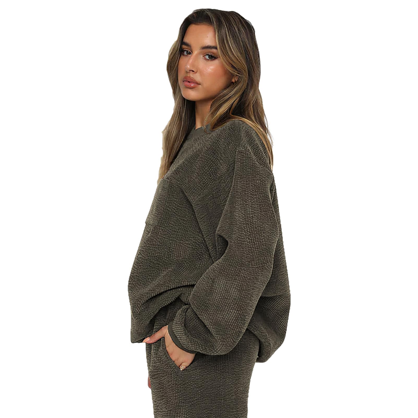 Femme Velours Côtelé 2 Pièces Survêtement Automne Hiver Duveteux Décontracté Vêtements de Sport