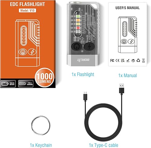 Vista 22 de BORUIT V10 - Llavero pequeño y potente con luz UV UV de 365 nm, luz LED EDC de alto lúmenes, recargable con USB C, 14 modos, imán de cola, sonido