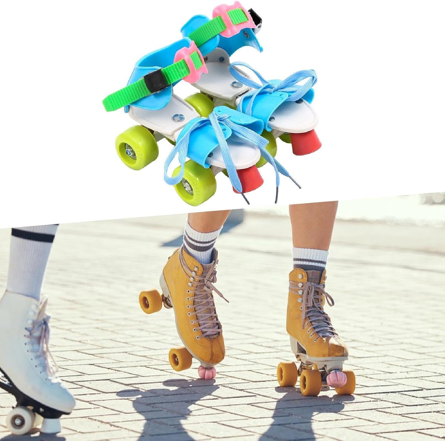 Adjustable Roller Skates for Kids Double Row Four Wheels Inline Quad Skates for Children, Colorful Blue