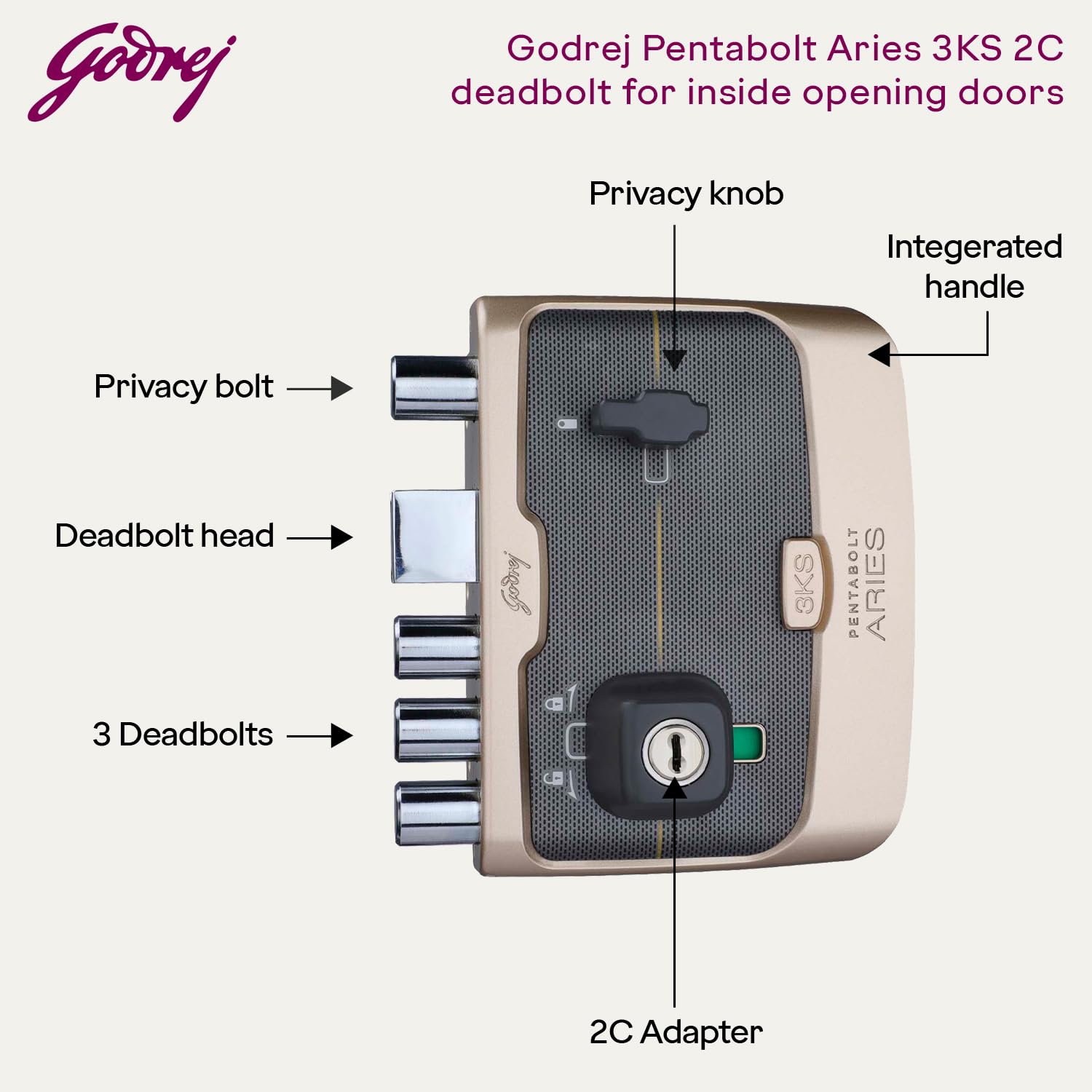 Godrej Rim Lock I Pentabolt Aries 3KS I 5 Bolts I 2C Deadbolt I for Inside Opening Door l Left/Right Handed Doors I 4 Keys I 15-Year Warranty I Manual Locking I Vegas Gold Finish 1