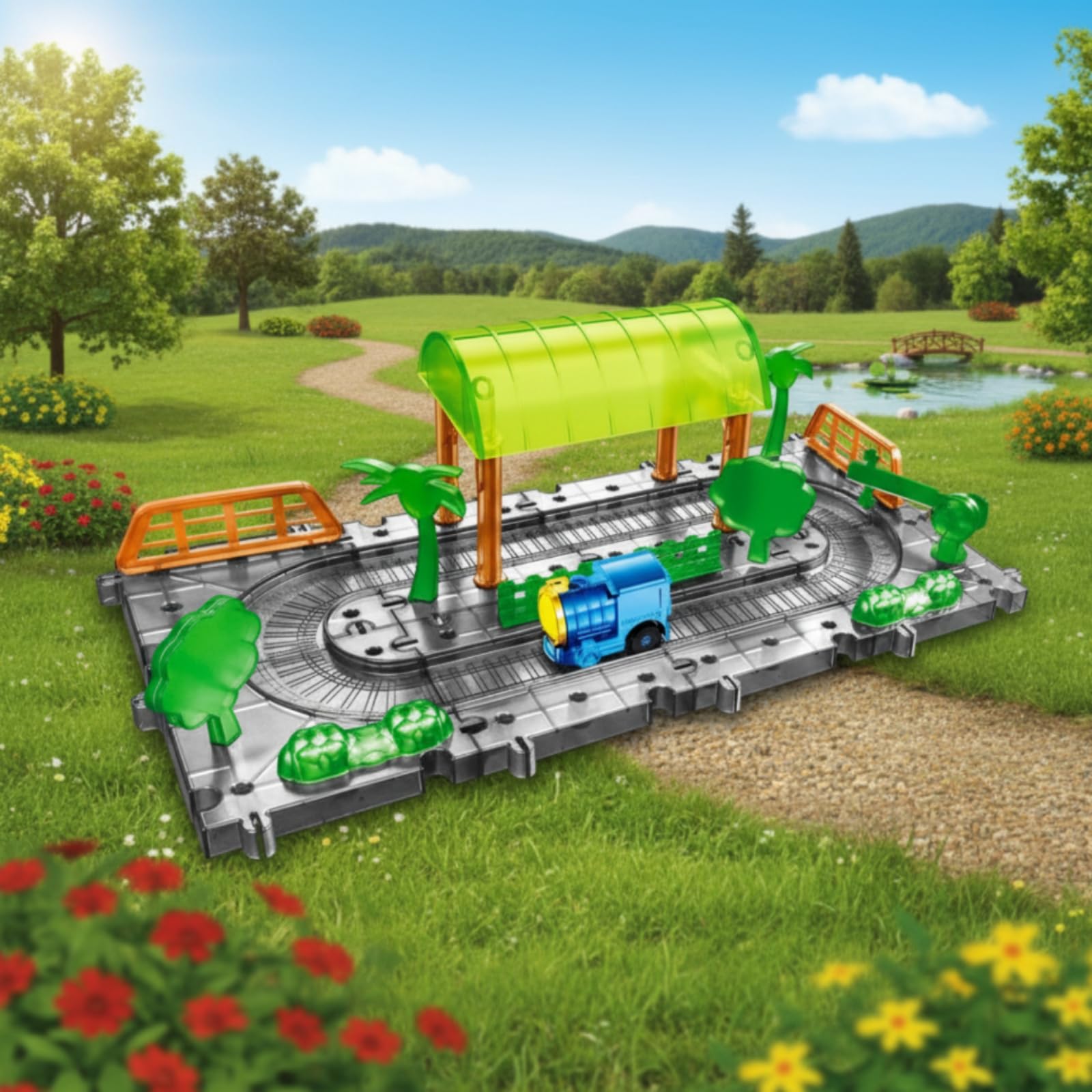 Set Ferroviario con Paesaggio e Binari Componibili Creativo Trenino Elettrico da Plastica Educativo Giochi Famigliare, Area Studio