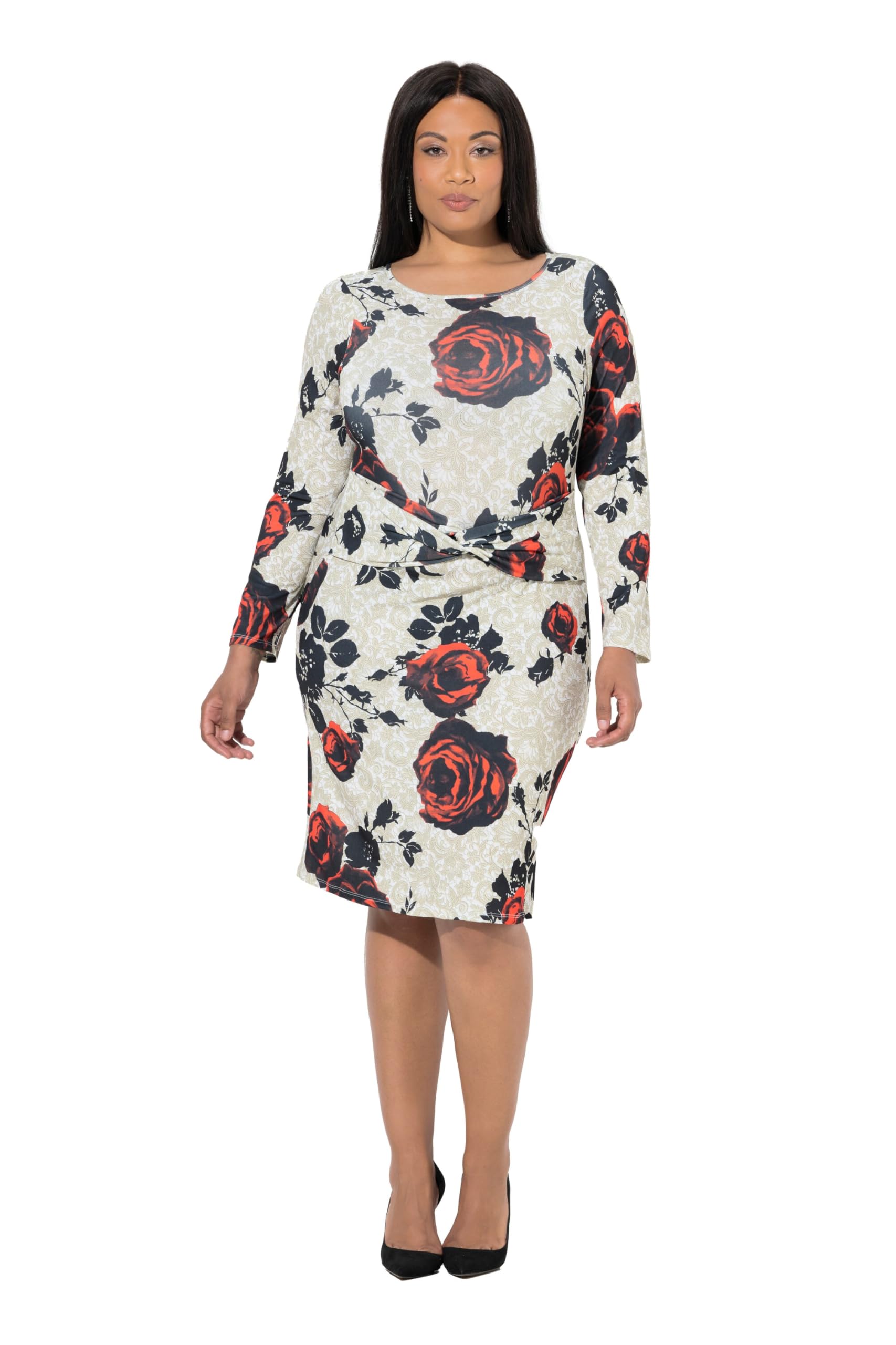 Ulla Popken Damen große Größen Übergrößen Plus Size Midikleid, Rosen, Slim, Rücken-V-Ausschnitt, Langarm 847395