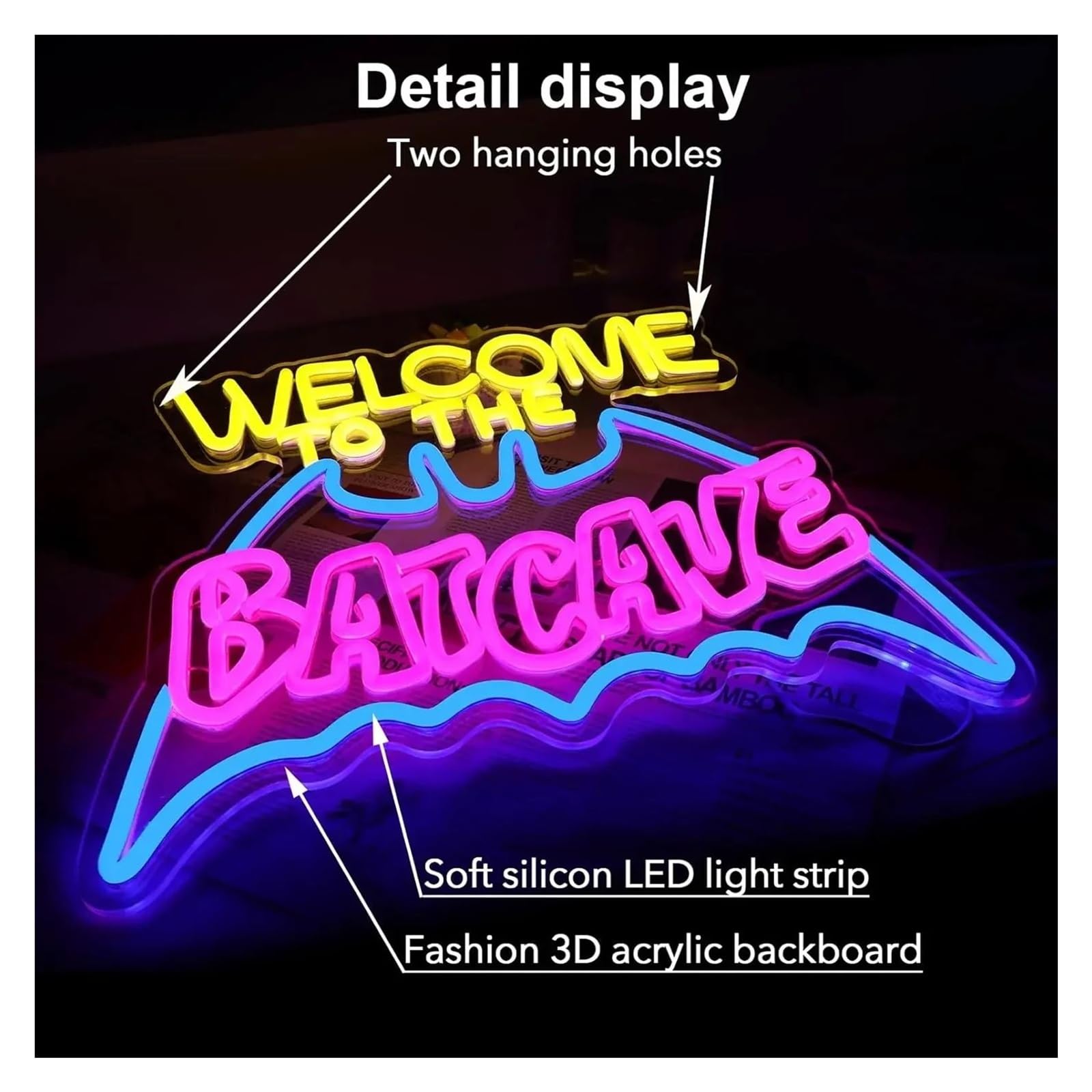 Insegna al Neon LED Insegna Al Neon WELCOME TO THE BATCAVE Dimmerabile Tramite USB Per Sala Giochi, Bar, Soggiorno, Caverna Dell'uomo, Decorazione Da Parete Per Feste, 44x33cm