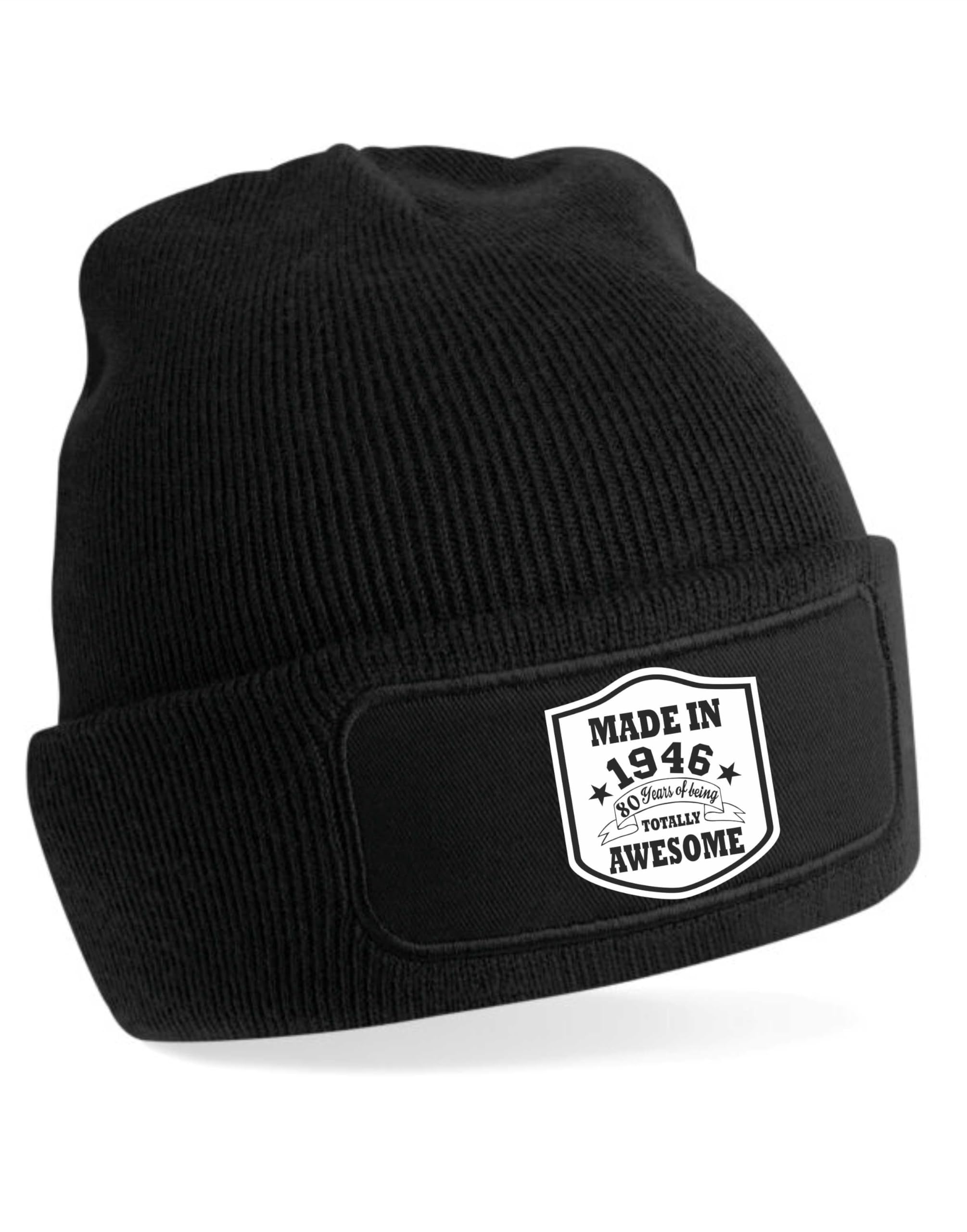 Print4U 80th Birthday Made in 1946 Beanie Hat Gift 80 Year Old Men & Ladies Black