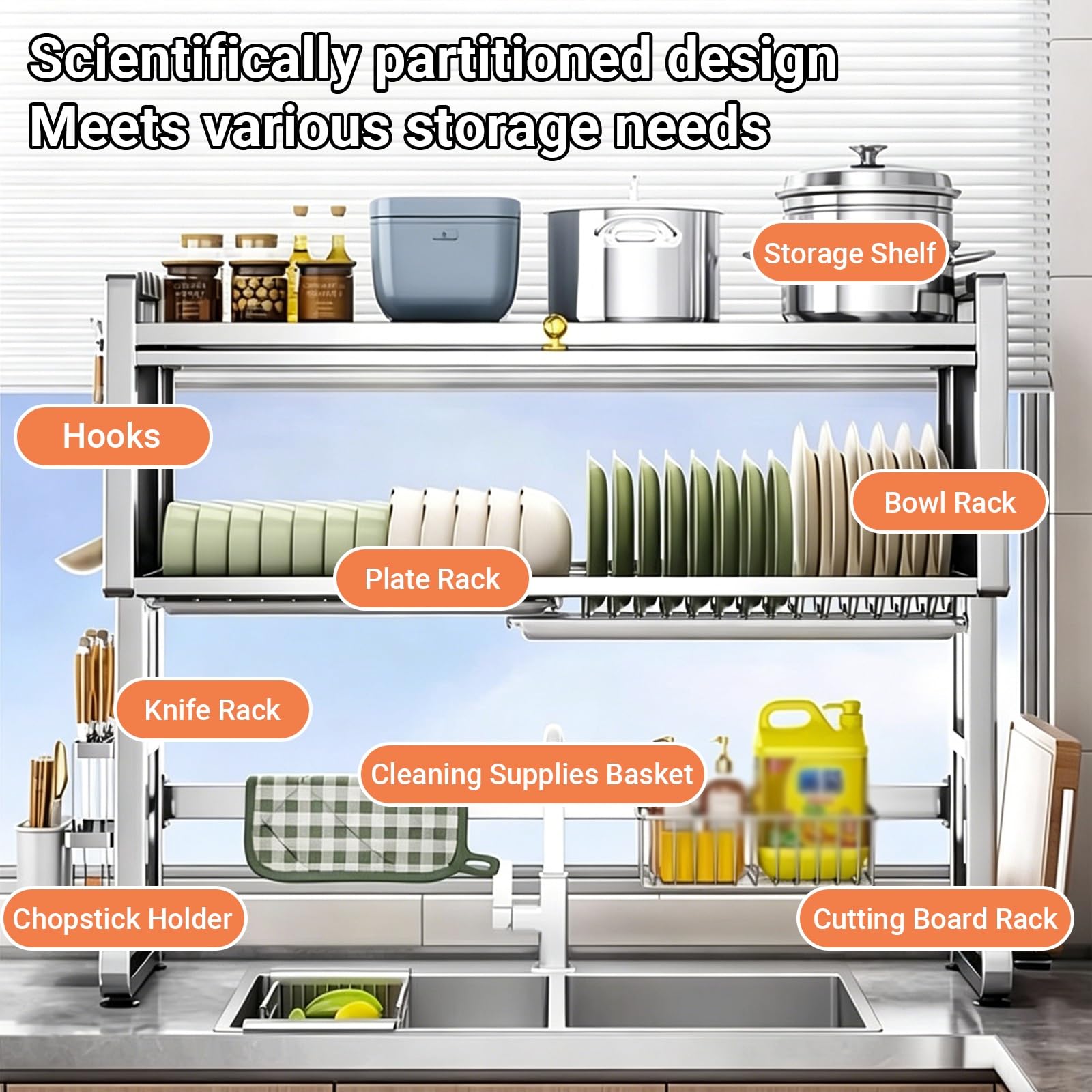 Escurridor de platos de acero inoxidable para colgar sobre el fregadero, almacenamiento de cocina con puertas de armario, soporte para cubiertos, organización para platos y vasos, práctico ahorro de