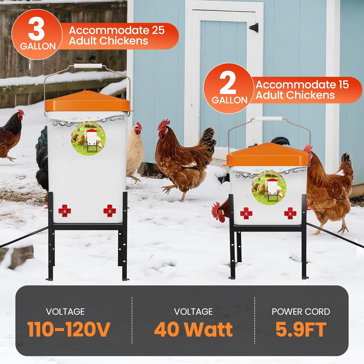 Nexum 3 Gallon Heated Chicken Waterer, Thermostatically Controlled Anti-Freeze Poultry Drinker with 4 Nipples & Adjustable Stand for Winter Coop Accessories (Orange)
