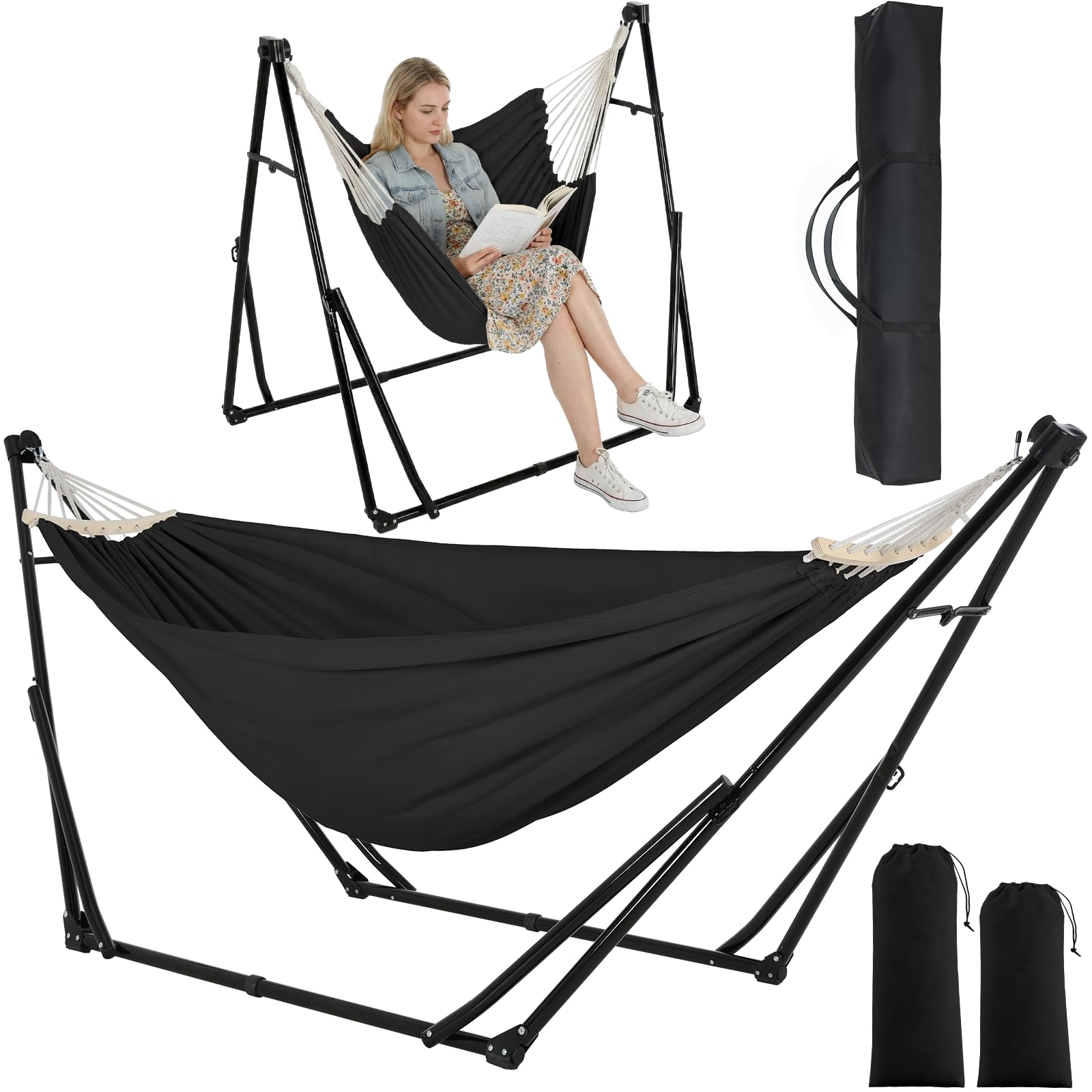 Clevich Hängematte mit Gestell, Outdoor Hängematte, Faltbar, Verstellbar, Stabiler hängematte Gestell, 231x89cm, Bis 200 kg, für Garten Balkon Camping Indoor, Tragetasche, Mehrfarbig (Schwarz)
