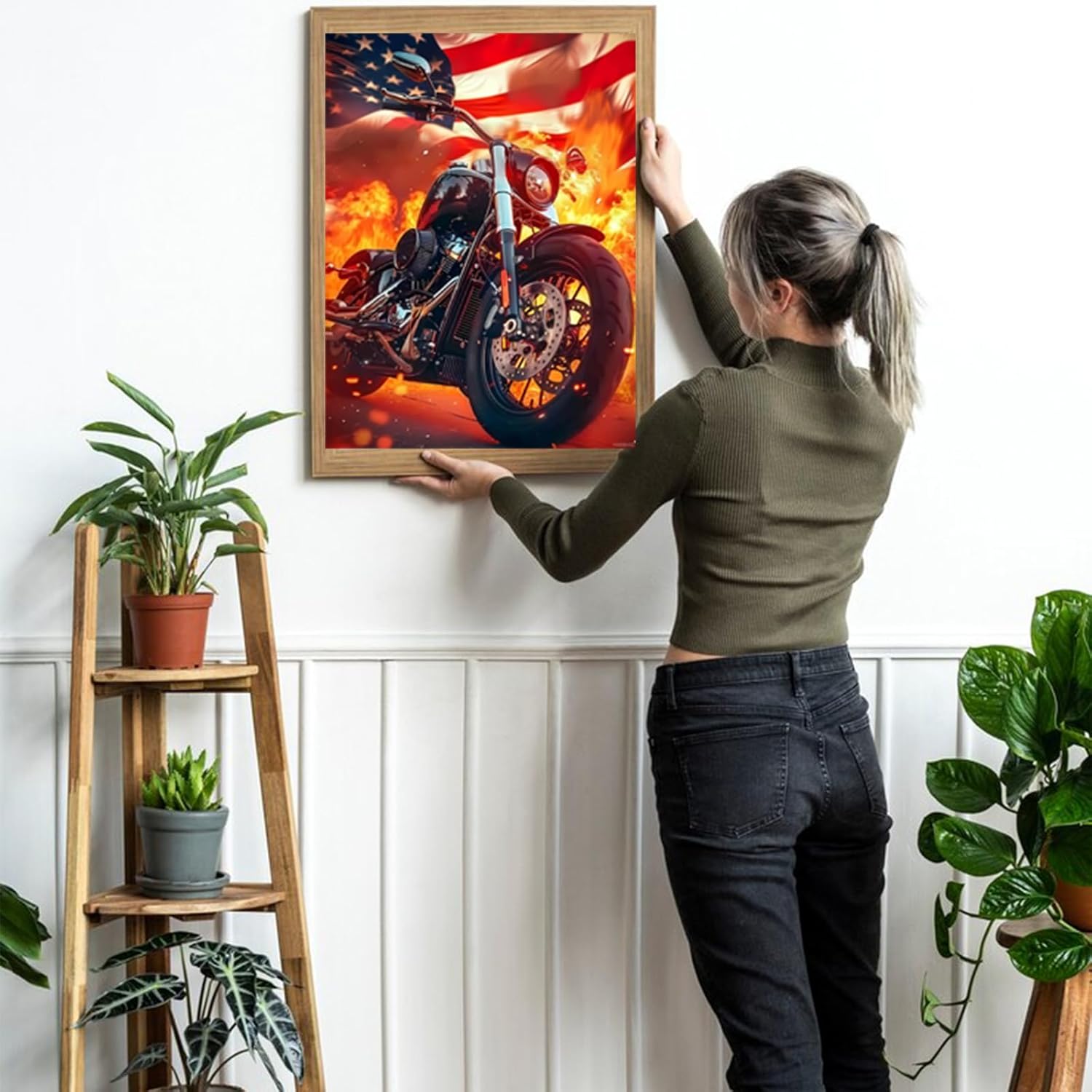 HMDIIMGE 5D Diamond Painting Kits for Adults The American Flag and The Motorcycle Diamond Art Kits DIY Full Round Drill Motorcycle with Diamonds Gem Art Help Relieve Stress 12x16 inch