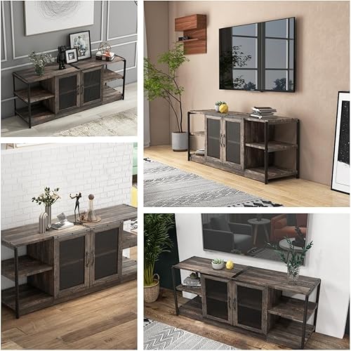 Miniatura 6 de Gyabnw Moderno soporte de puerta doble de granero de 63 pulgadas, mesa de TV, consola multimedia, pies de madera maciza, agujeros para cable, para