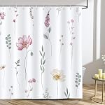 Bonhause Watercolor Rideau de douche floral, feuilles de fleurs beige rose 72 x 72 Inch Polyester tissu imperméable Rideau de bain avec 12 Crochets