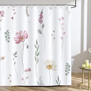 Bonhause Watercolor Floral Shower Curtain, Pink Beige Flower Leaves Modern Minimalist Bathroom Decor 72 x 72 Inch Polyester Fabric Waterproof Bath Curtain with 12 Hooks