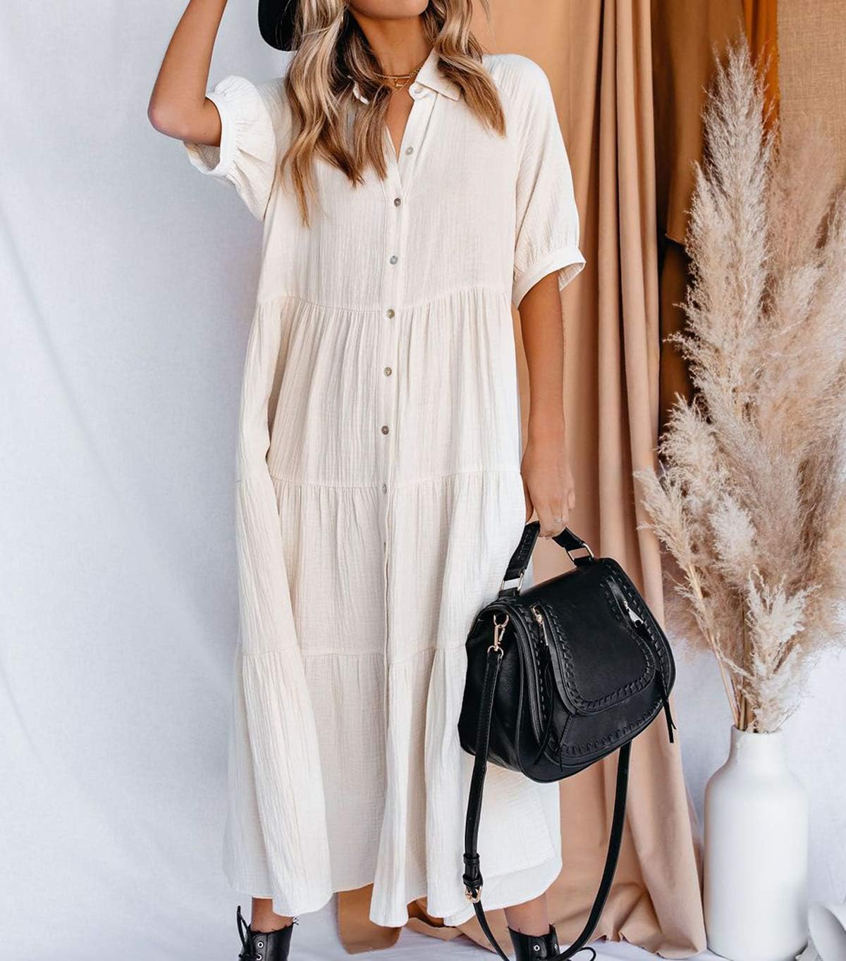 R.Vivimos Women's Summer Cotton Half Sleeves Button Down Casual Loose Slit Midi Dress with Pockets - Image 2