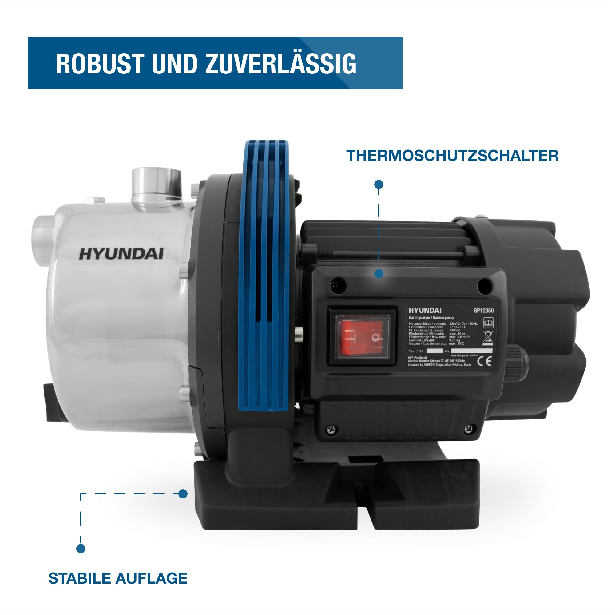 HYUNDAI Gartenpumpe GP12050 | 1200 W, Fördermenge 5.000 l/h | Förderhöhe: max. 50 m, Ansaughöhe: max. 8 m | Edelstahl-Gehäuse | Wasserpumpe