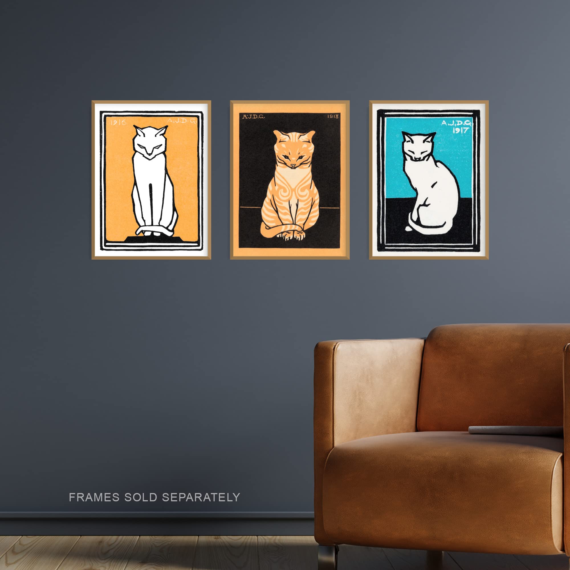 Artery8 Three Sitting Cats Vintage Julie De Graag Set Of 3 Unframed Wall Art Prints Living Room Bedroom Aesthetic Retro A4 - Image 2