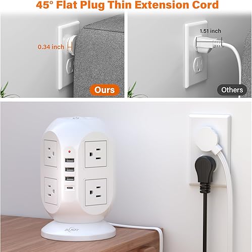 Miniatura 3 de AiJoy - Regleta de alimentación con protector de sobretensiones con 8 tomas, 4 puertos USB (1 USB C), cable de extensión de enchufe plano de 10 pies