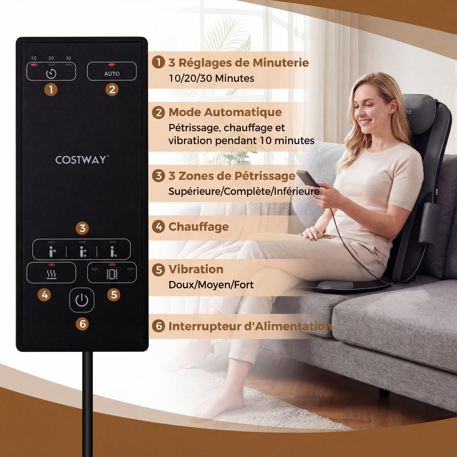 COSTWAY Coussin de Massage Shiatsu avec Chauffage, Masseur de Dos pour Chaise avec 4 Nœuds de Pétrissage 2 Moteurs Vibrants pour Soulagement des Douleurs Musculaires, Masseur 3D Cou et Dos