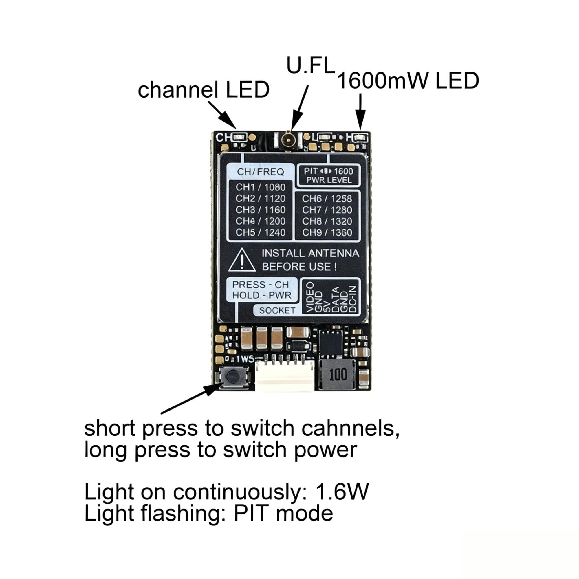 DC7‑36V 1,3GHz Analog‑Video‑VTX‑Sendemodul 1600mW mit Antenne