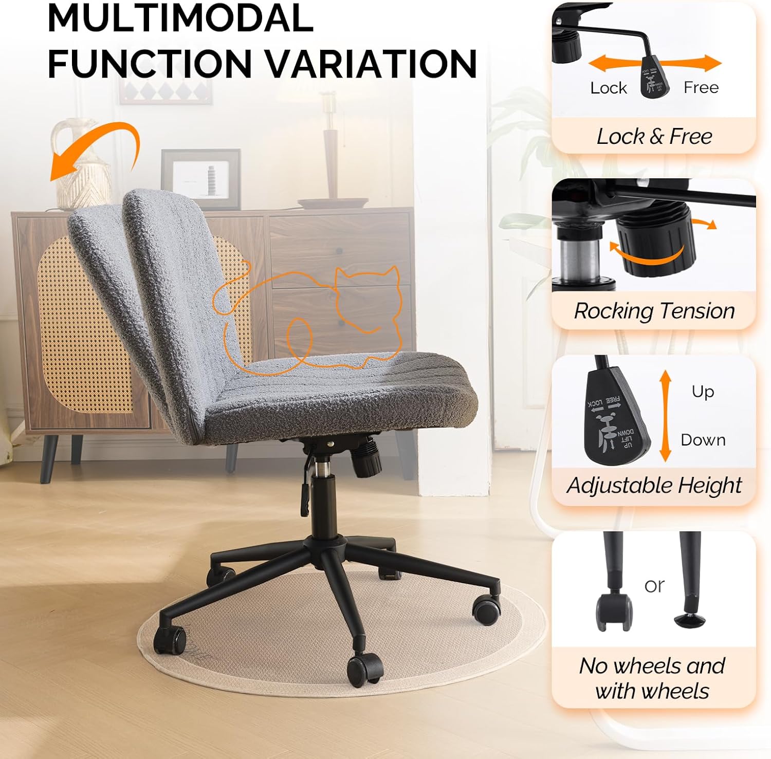 VINGLI Criss Cross Legged Chair,Wide Comfy Office Desk Chair,Dual-Use with/no Wheels Computer Task Chair,Swivel Armless Vanity Boucle Chair for Study,Make Up,Home Office,Teddy Fleece,Dark Grey