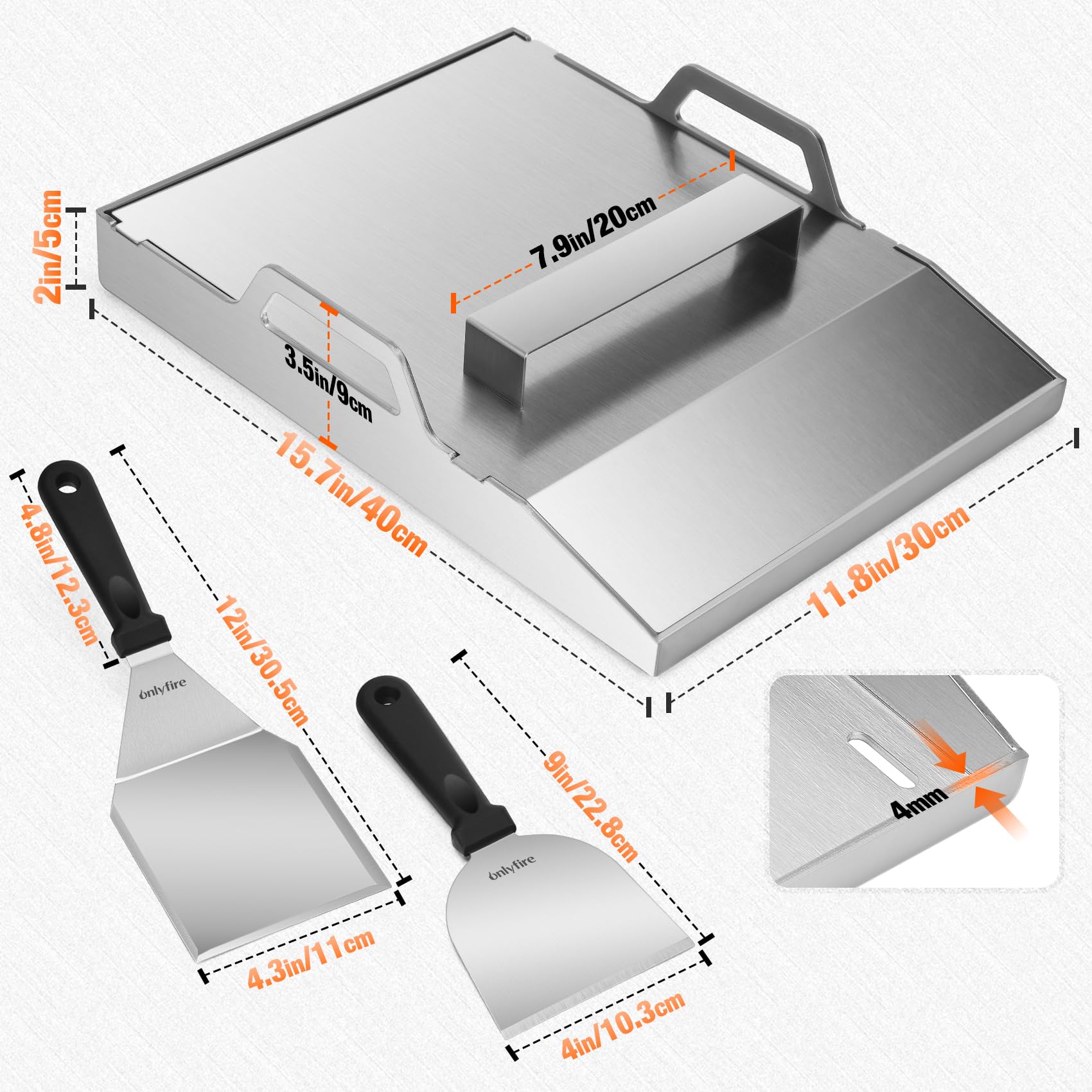 Onlyfire Plaque Plancha en INOX avec Couvercle et 2 Spatules, Plaque de Cuisson Professionnelle 40 x 30 cm pour Barbecue à Gaz, Épaisseur 4 mm avec Trou d'Écoulement d'Huile pour Cuisine Extérieure