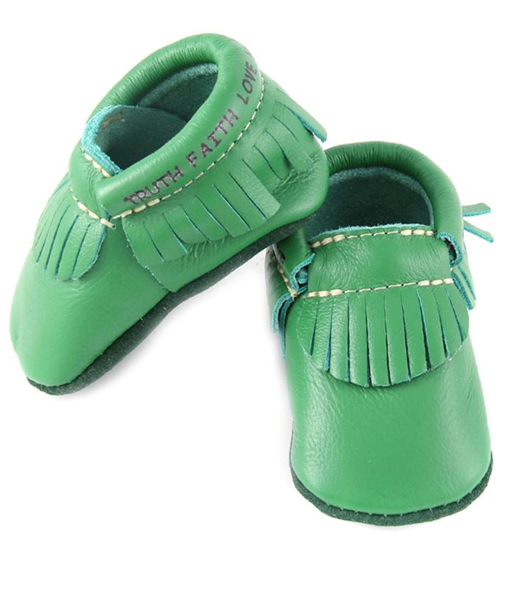 First Steps Classic Green Leather Moccasins with Bible Verse, 3 M US Infant