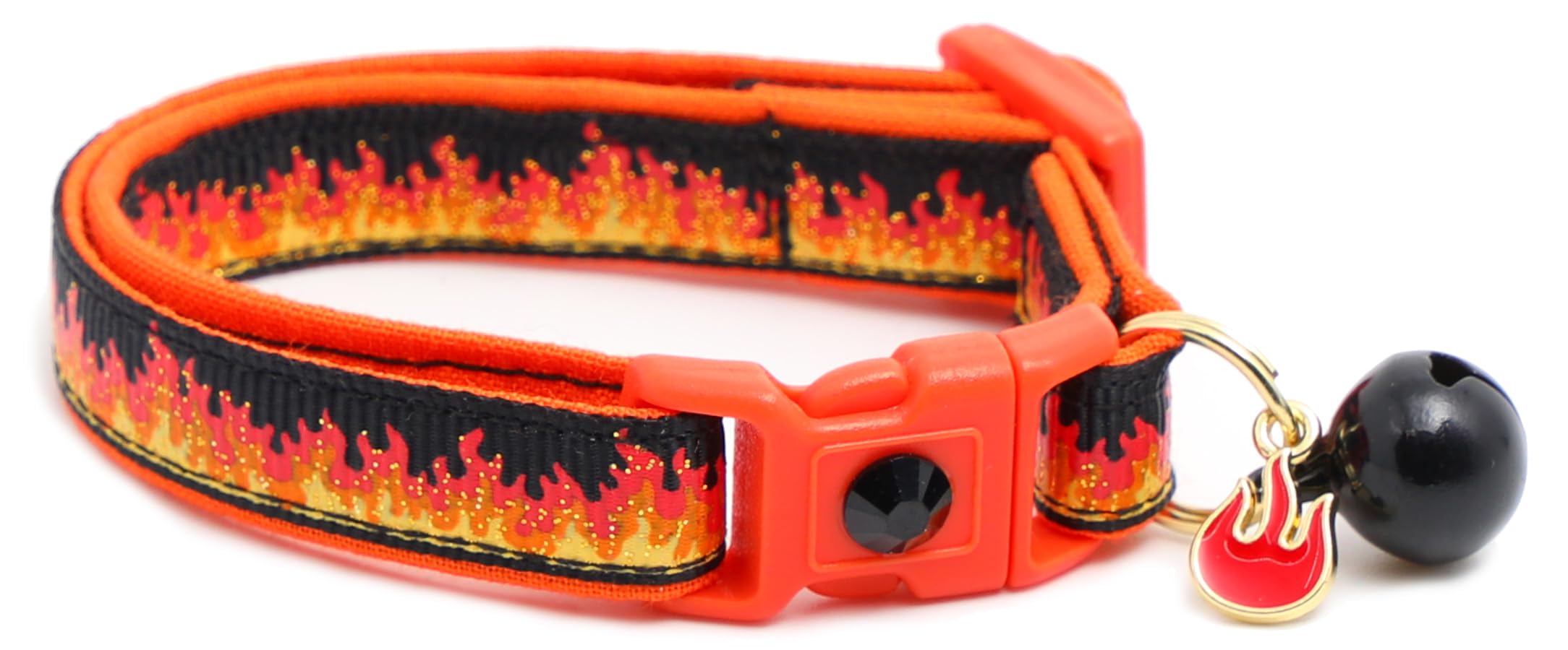 Flame Cat Collar with Charm & Bell | Safety Breakaway | Adjustable Large Size or Kitten Collar (Black, Small(10lbs & Less))