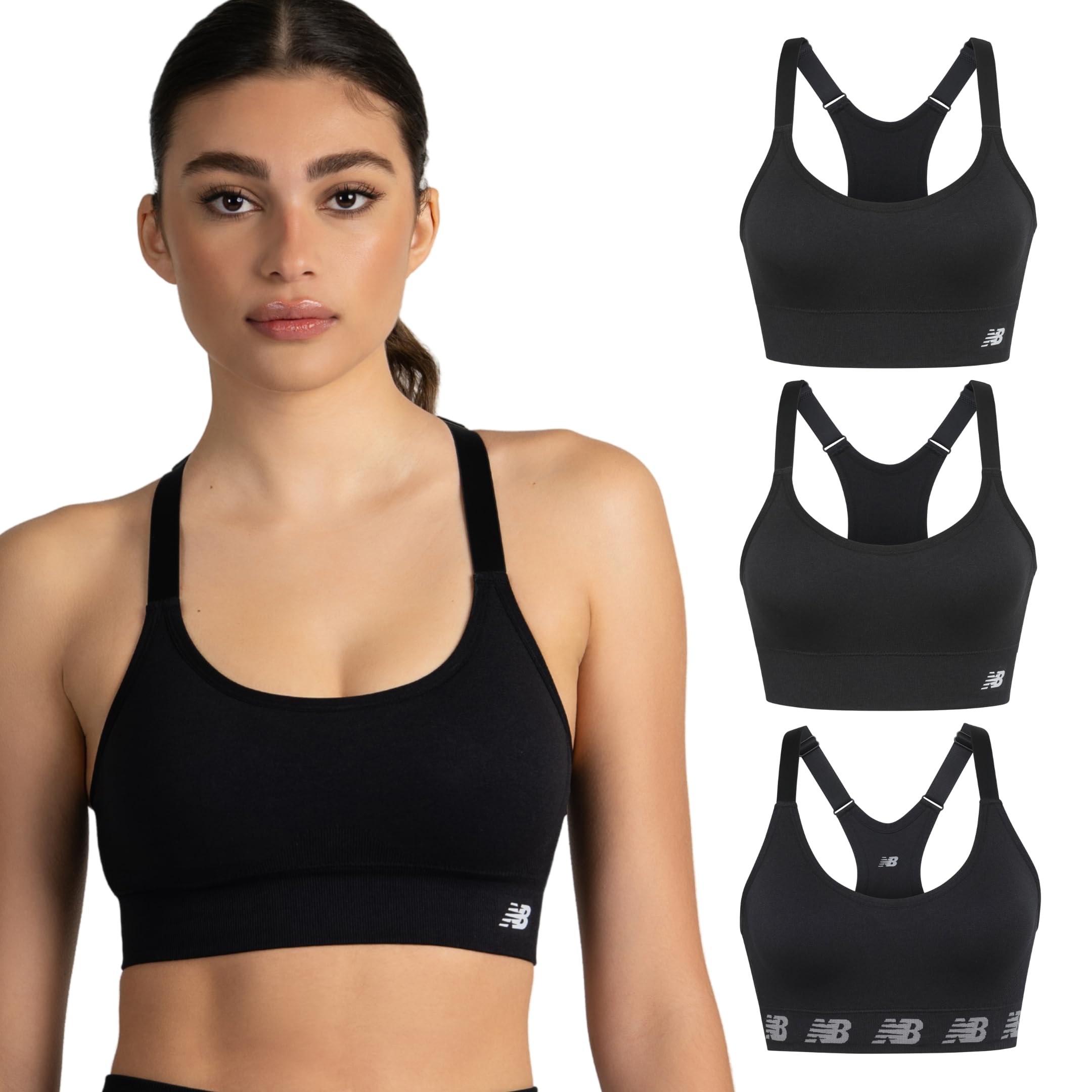 New Balance 3 Pack Sports Bras for Women, Keyhole Cami Racerback, Medium Impact Sports Bra, Womens Yoga Workout Running Set