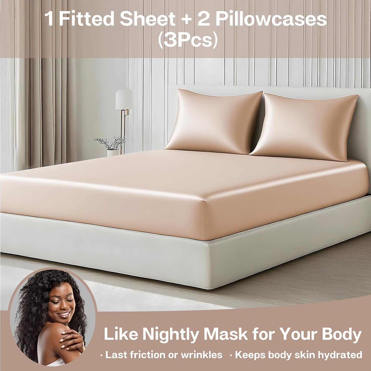 MR&HM Satin Fitted Sheet & Pillowcase Set King Size, 3-Piece Silky Soft Bedding with 15" Deep Pocket, Reinforced Elastic Corner Straps to Prevent Slipping Off Mattress, Champagne