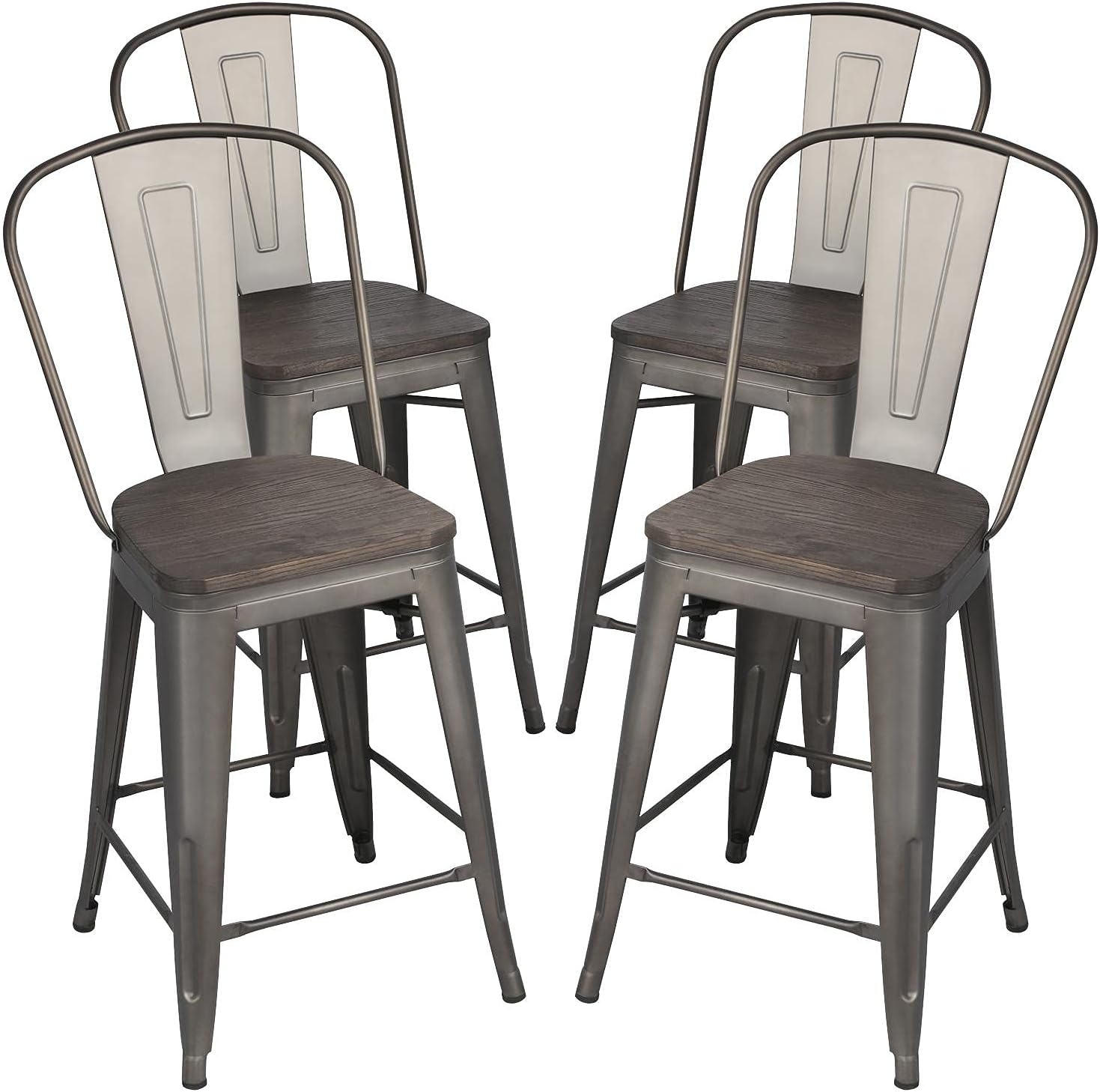 Yaheetech 24Inch Seat Height Dining Stools Chairs with Wood Seat/Top and High Backrest, Industrial Metal Counter Height Stool, Modern Kitchen Dining Bar Chairs Rustic, Gun