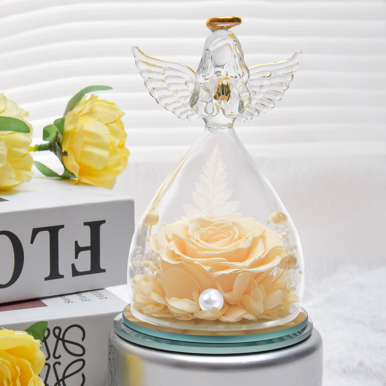 Ewige Rosen-Engel Figur mit Glasglocke, Geschenk Valentinstag für Frauen, Mama, Freundin, Echte haltbare Rose Hält 3-5 Jahre, Geschenk für Weihnachten Valentinstag Geburtstag (Champagner)