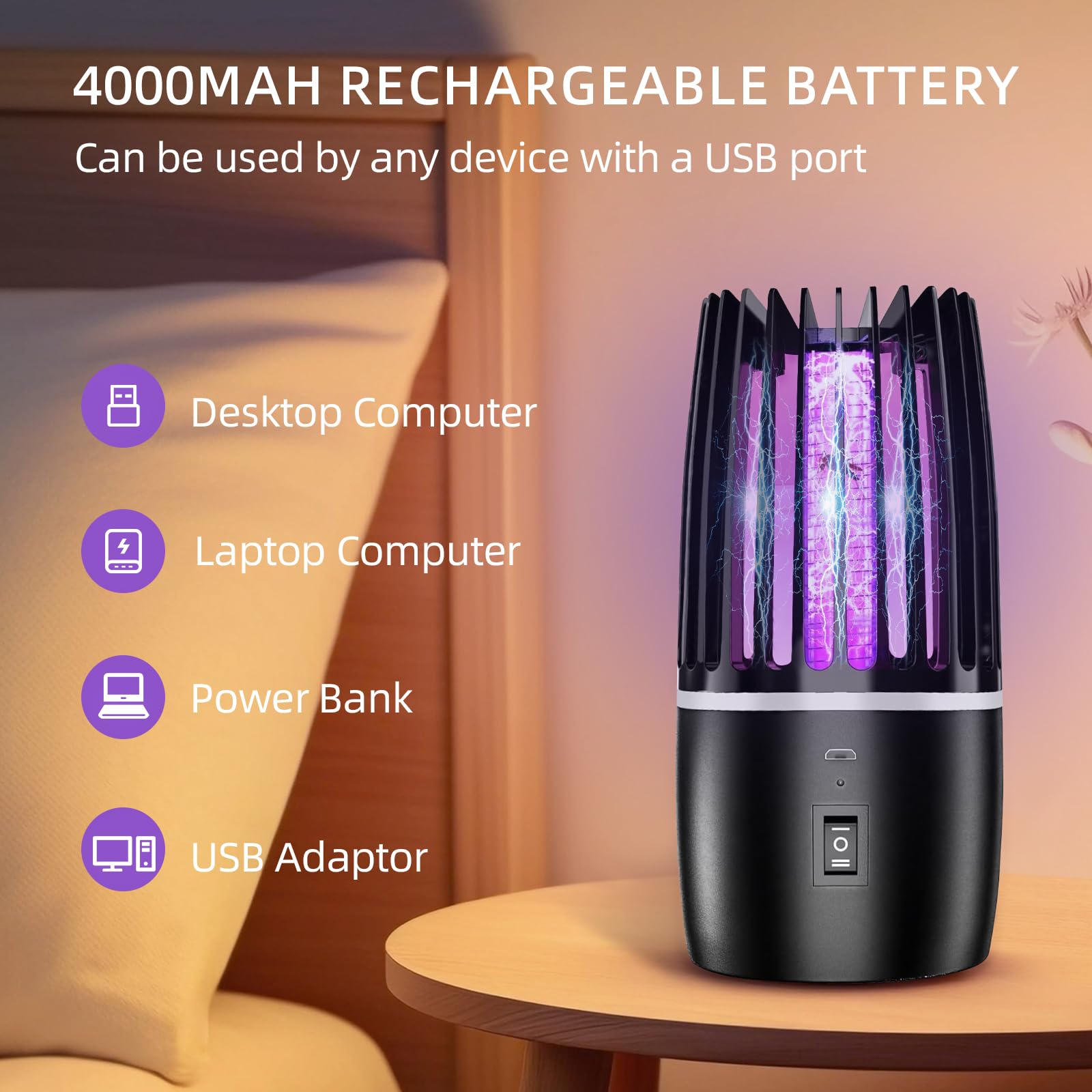 Insektenvernichter Elektrisch, Wiederaufladbarer Mückenvernichter mit 4000 mAh Akku, 2-in-1-Gerät mit UV-Lampe, 360°-Anlockung und Insektenvernichtung für drinnen und draußen