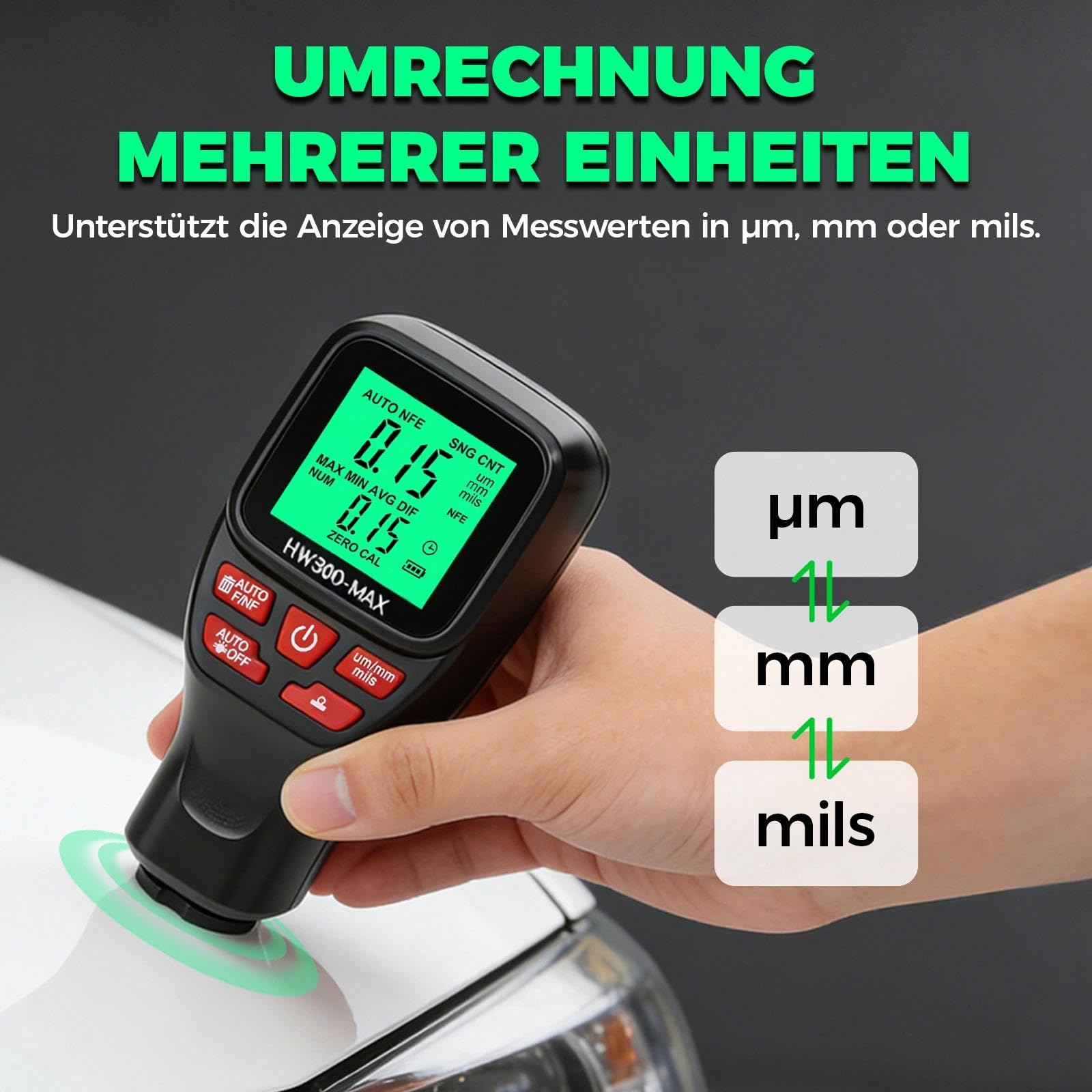 Digitales Schichtdickenmessgerät, 0-2000µm Lackmessgerät Auto Lackdickenmessgerät für Auto, Einheitenumrechnung (µm/mm/mils), ABS Lackschichtdickenmessgerät zum Messen (Black)