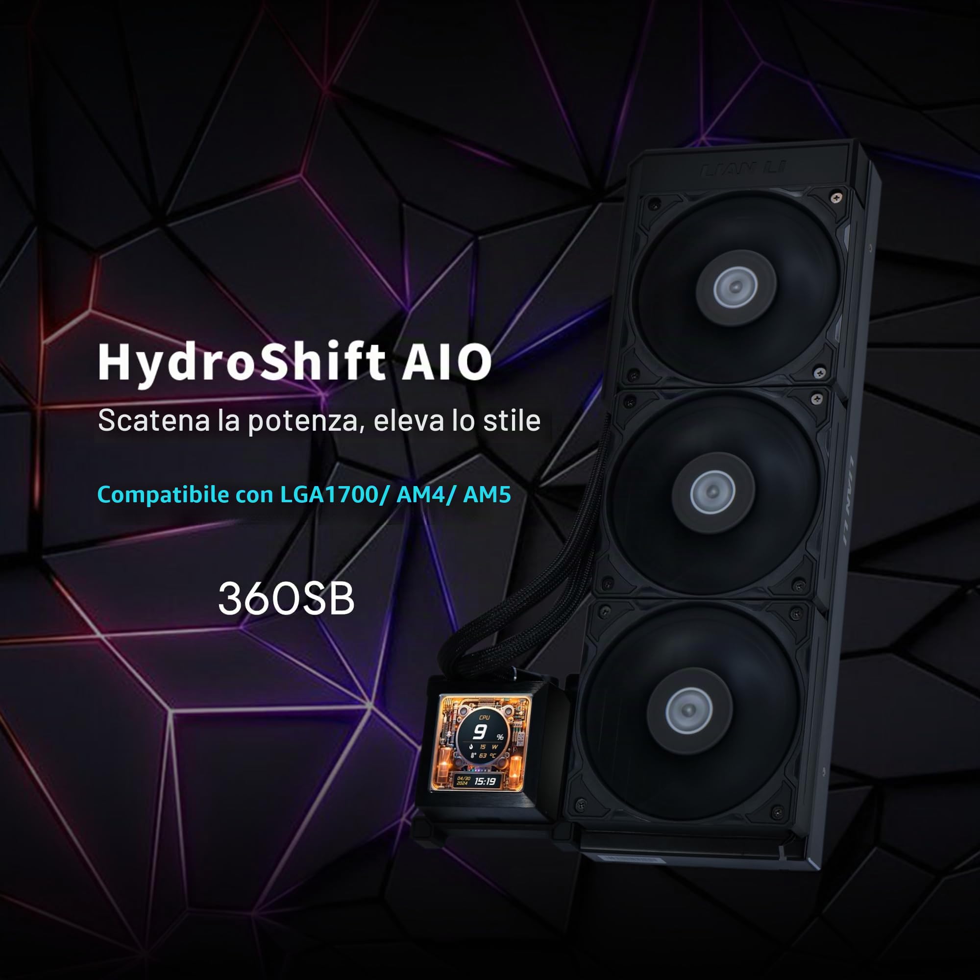 Lian Li HydroShift LCD 360S - Radiatore ad acqua AIO, 360 mm, 3 ventole ad alte prestazioni PWM da 120 mm, display LCD da 2,88", per Intel LGA 1700, attacco AMD AM4/AM5, nero