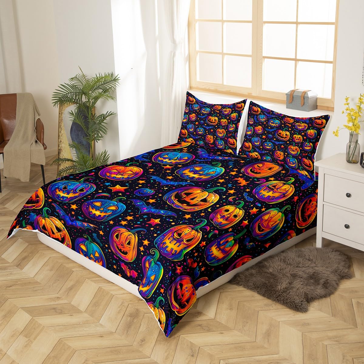 Loussiesd Happy Halloween Pumpkin Bedding Set King Size Halloween Themed Duvet Cover Set for Kids Boys Girls Horror Spooky Pumpkins Comforter Cover Soft Halloween Bats Quilt Cover - Image 3