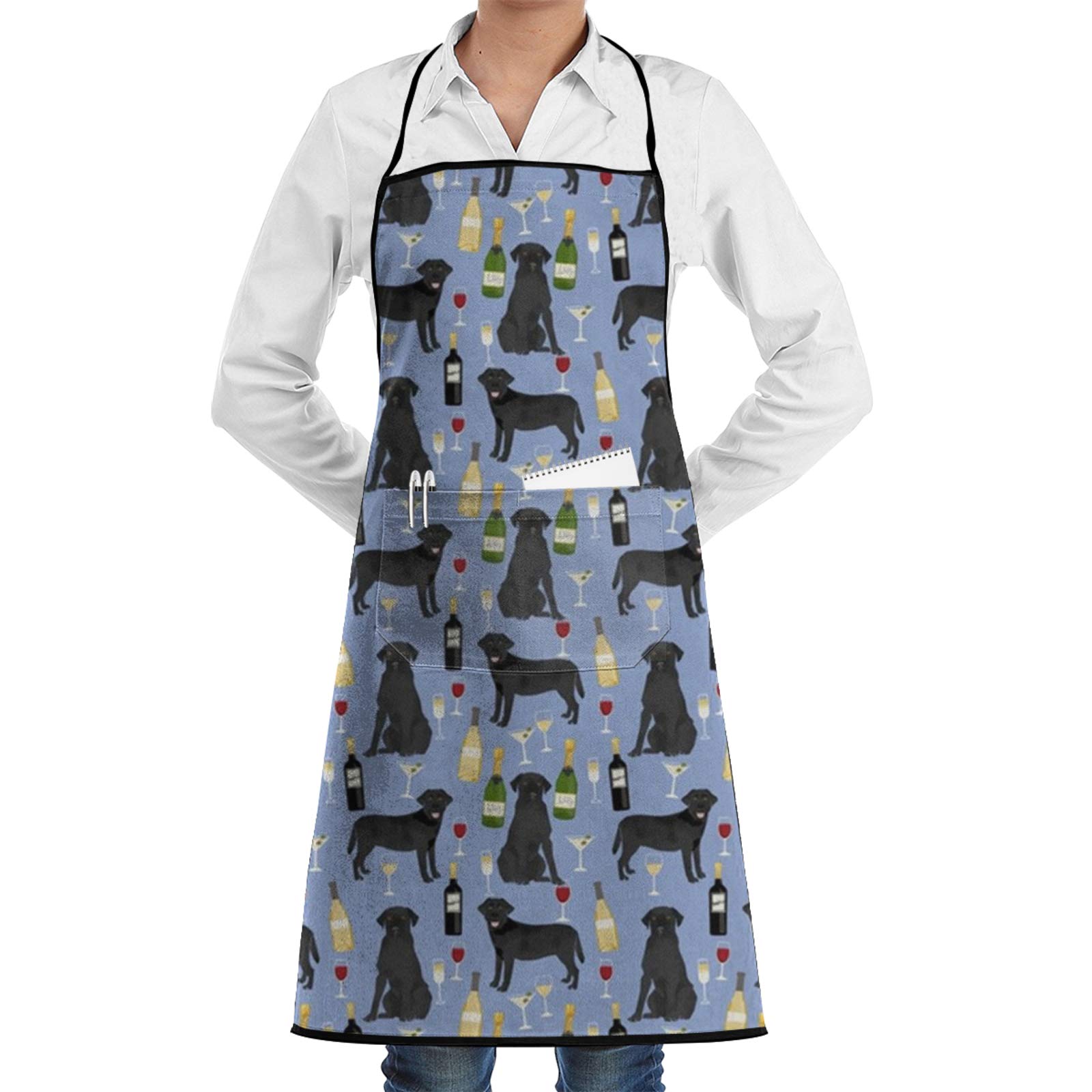 ~ Black Lab Wine Labrador Retriever Dog Blueberry Bib Apron Waterdrop Resistant with 2 Pockets Cooking Kitchen Aprons for Women Men Chef, Black