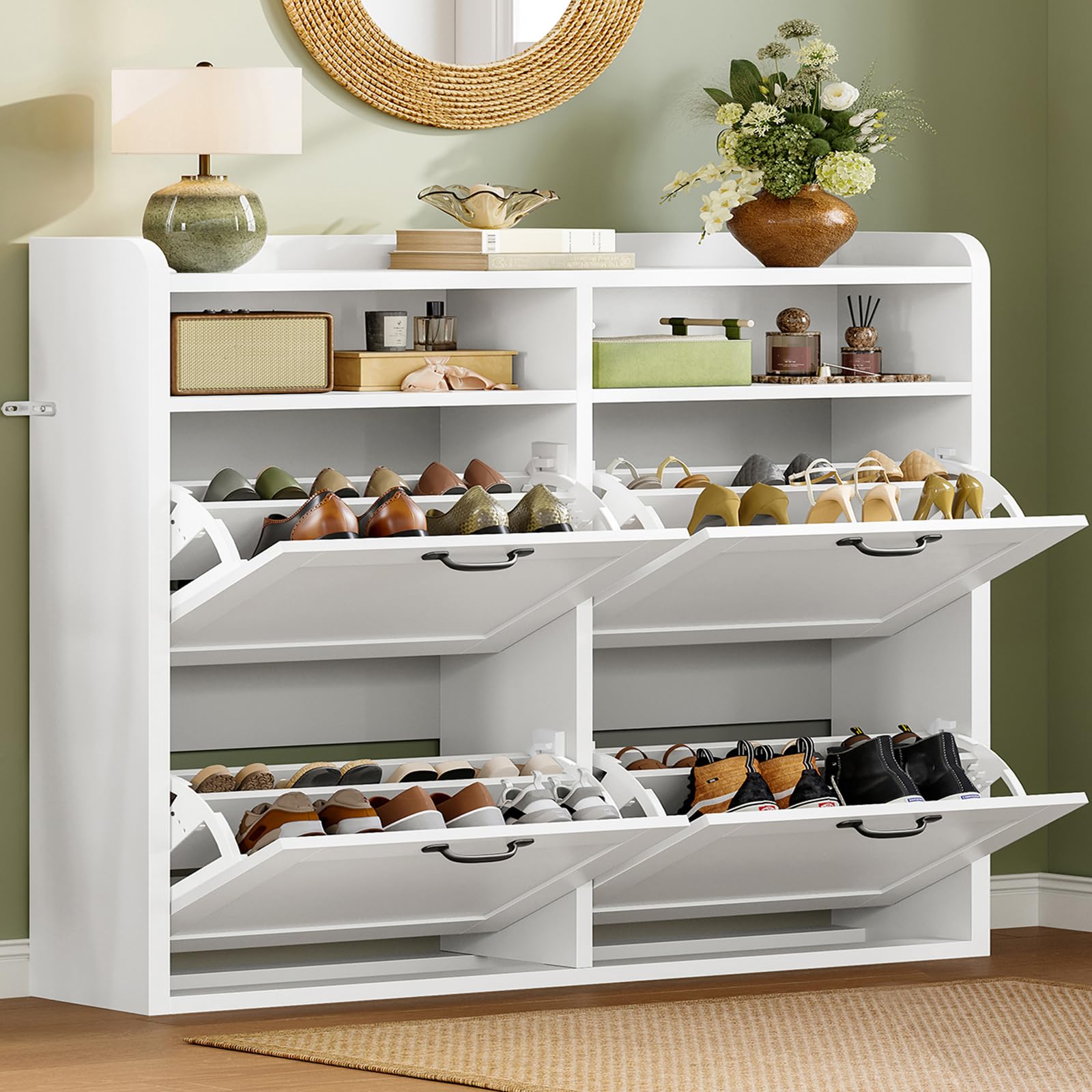 TEENFON Mueble Zapatero Recibidor Estrecho–105cm de Ancho, Armario Zapatero con 4 Solapas y 2Compartimentos Abiertos, Estantes Ajustables, para16–24Pares de Zapatos, Apto para Pasillo,Recibidor,Blanco
