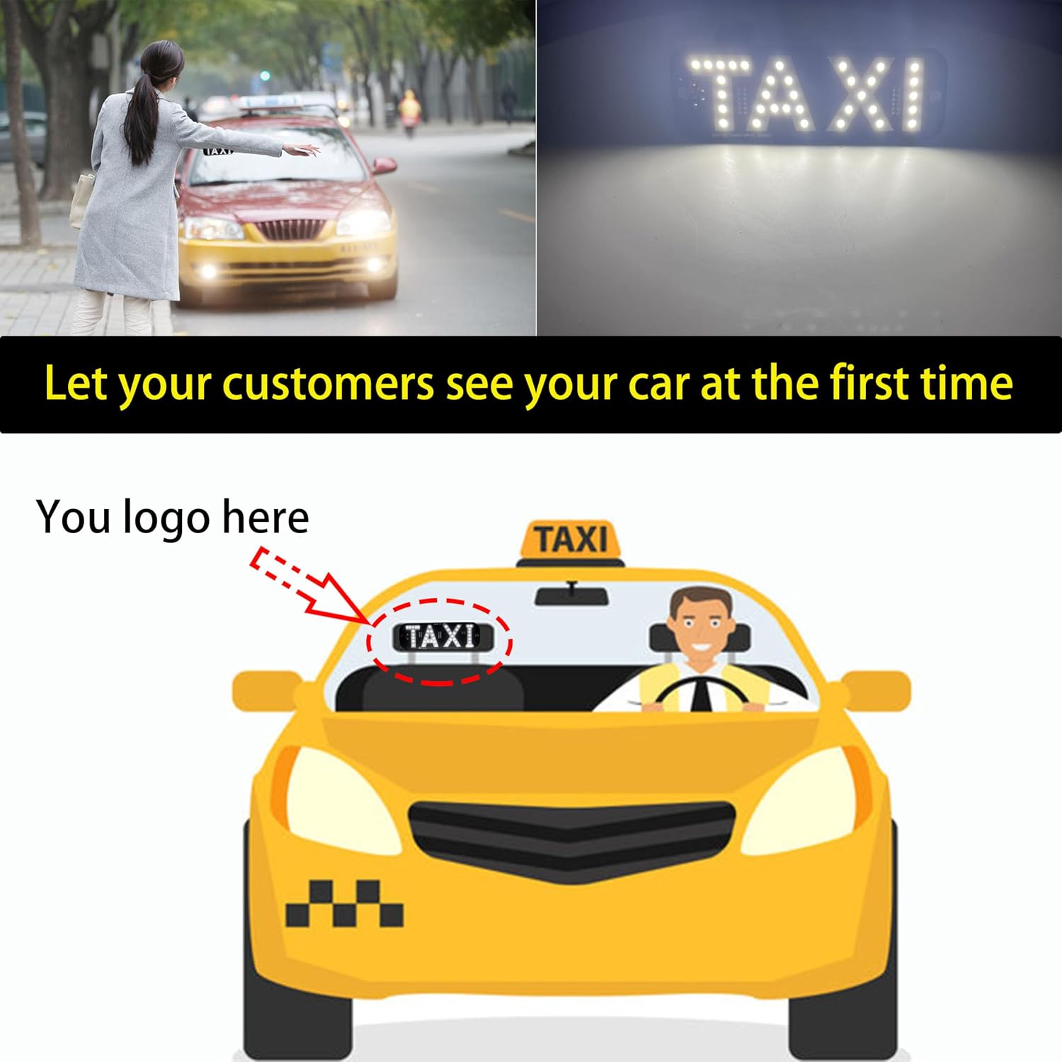 Taxi Sign for Cars,White led car Sign for Car Window Windshield Cab LED Sign Light Taxi Light with Suction Cups USB Plug