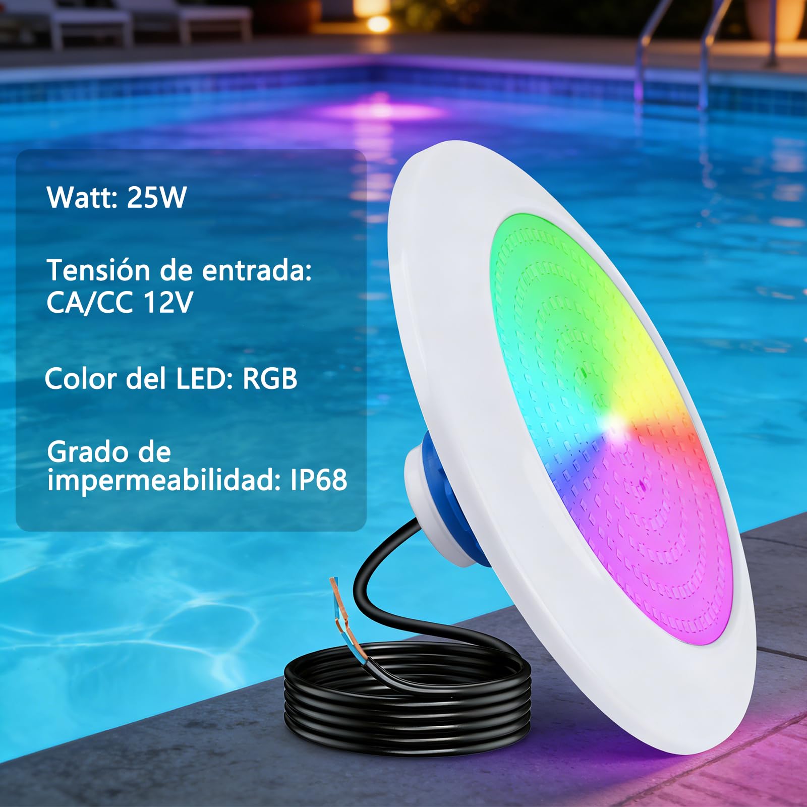 Foco LED para Piscina, 25W RGB con rosca exterior de 1,5 pulgadas, IP68 12V AC Lámpara Subacuática para Piscinas de Hormigón/Piscinas de Poliestireno Expandido