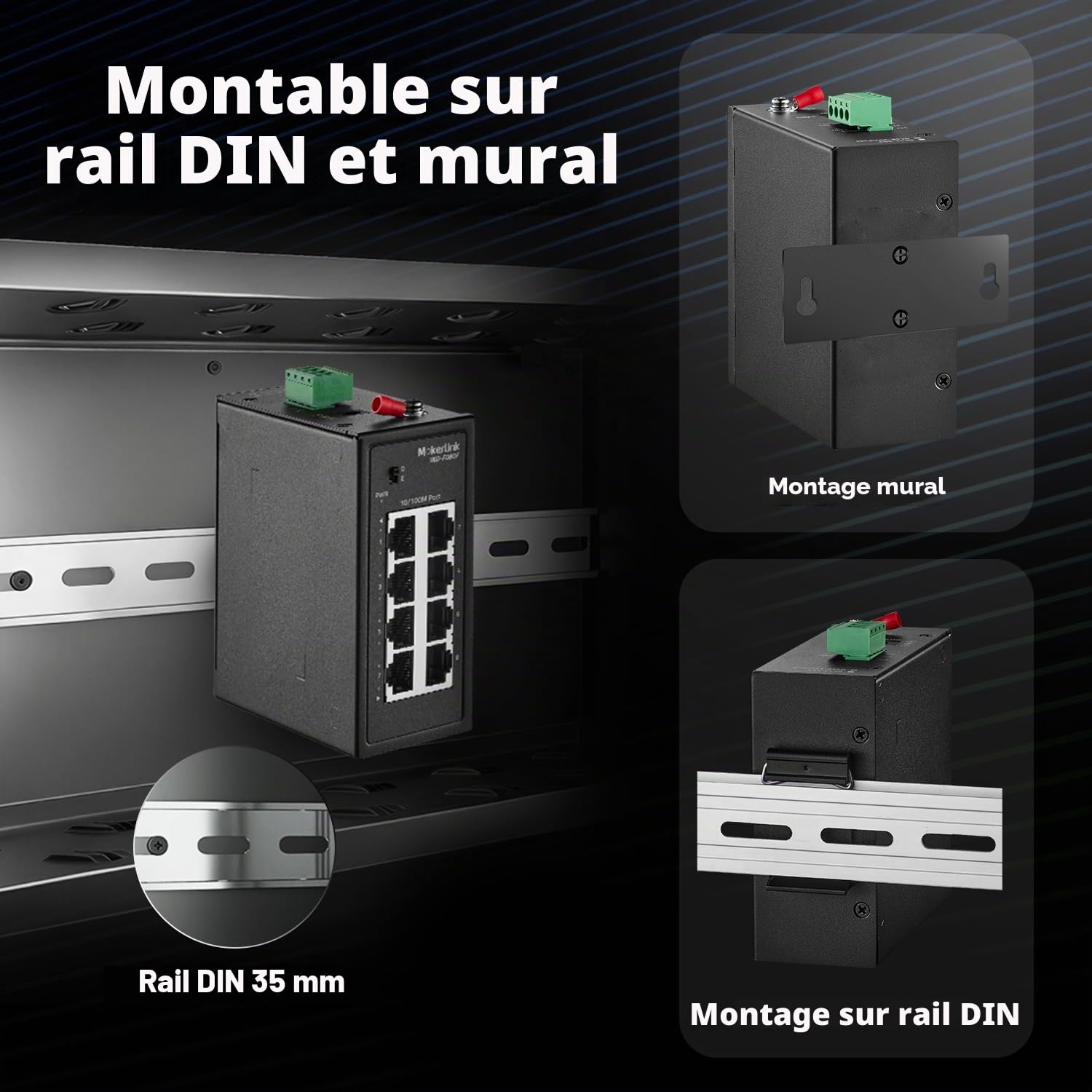 MokerLink Commutateur rail DIN industriel à 8 ports, 8 ports Ethernet 10/100 Mbit/s, portée 250 m, rail DIN en métal et support mural inclus