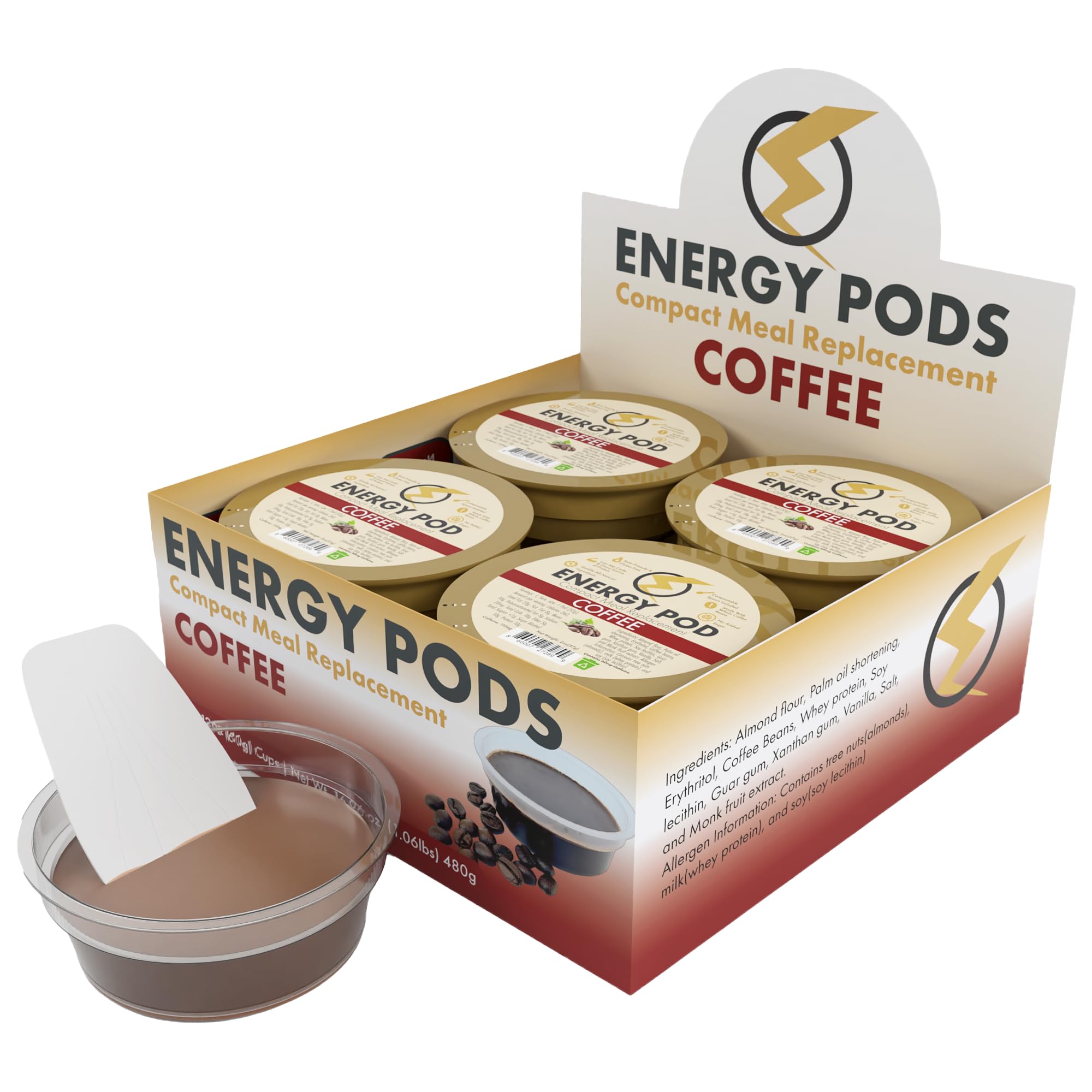Coffee Energy Pod, Snack Fudge & Meal Replacement Cup, Sugar-Free, Gluten-Free, Keto, Vegetarian, 10g Whey Protein, Made with Fresh Roasted Guatemalan Beans (Pack of 8)