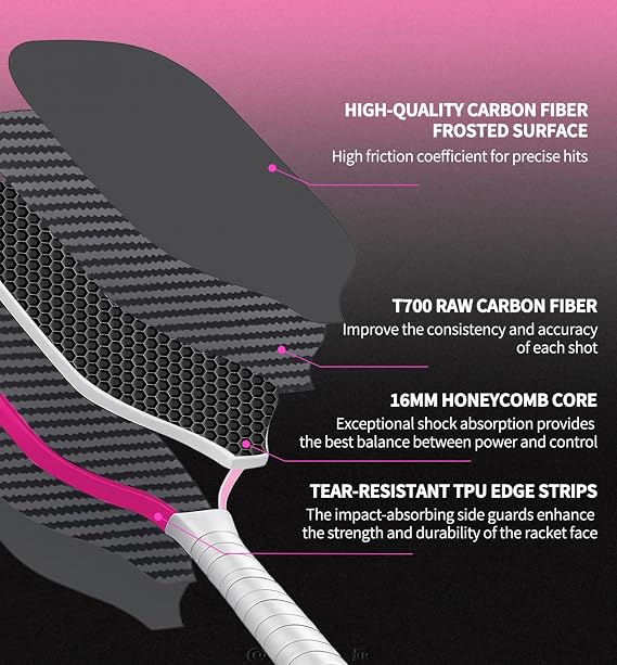 T700 Carbon Fiber Pickleball Paddles Set of 1, High Rigidity Lightweight Rackets for Beginners & Intermediate Players, Includes 4 Indoor Outdoor Balls & Anti-Slip Grip